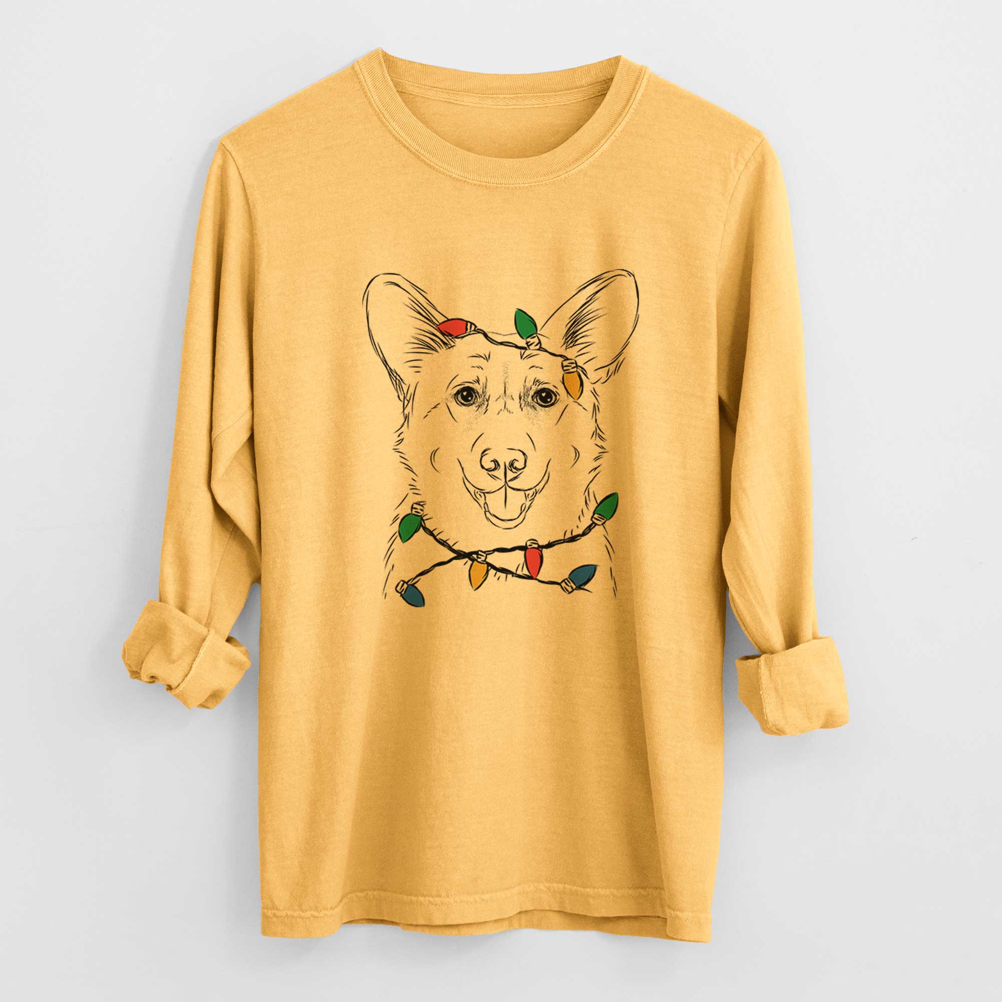 Christmas Lights Ricco the Corgi - Heavyweight 100% Cotton Long Sleeve