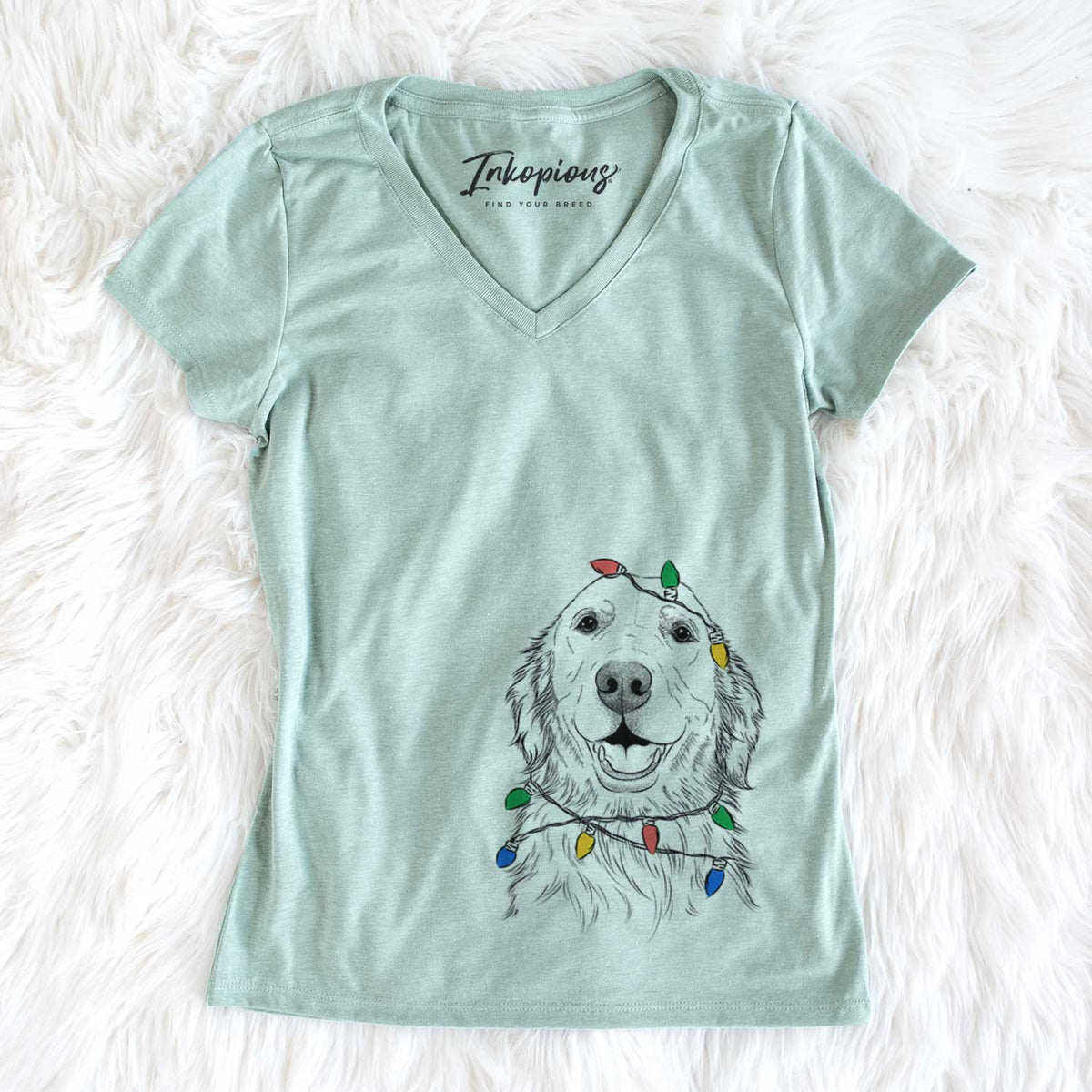 Christmas Lights Ridge the Golden Retriever - Women&#39;s V-neck Shirt