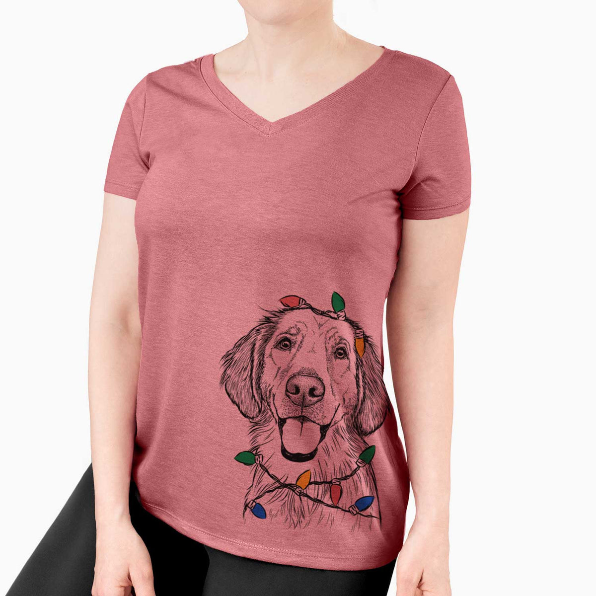 Christmas Lights Riley the Golden Retriever - Women's V-neck Shirt