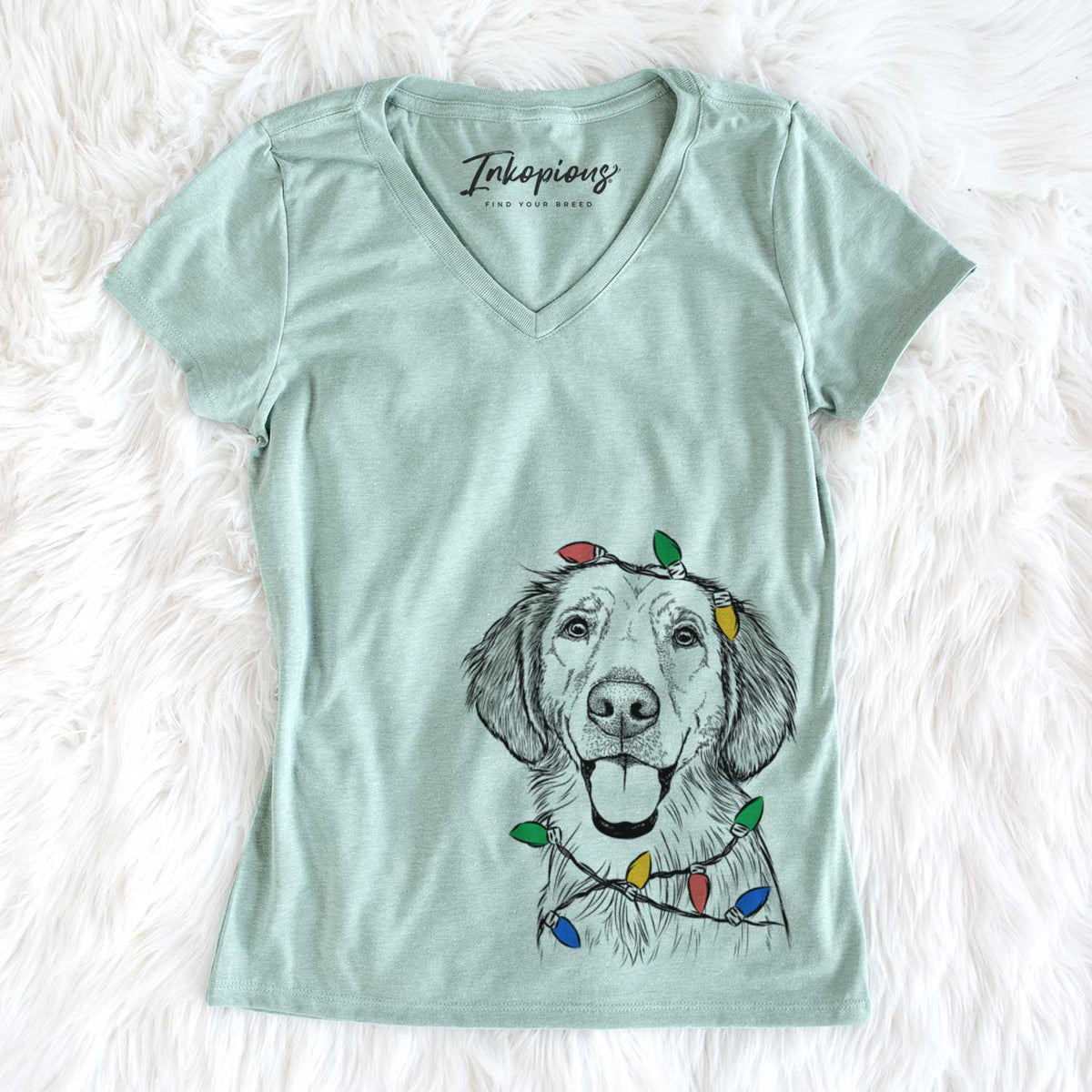Christmas Lights Riley the Golden Retriever - Women&#39;s V-neck Shirt