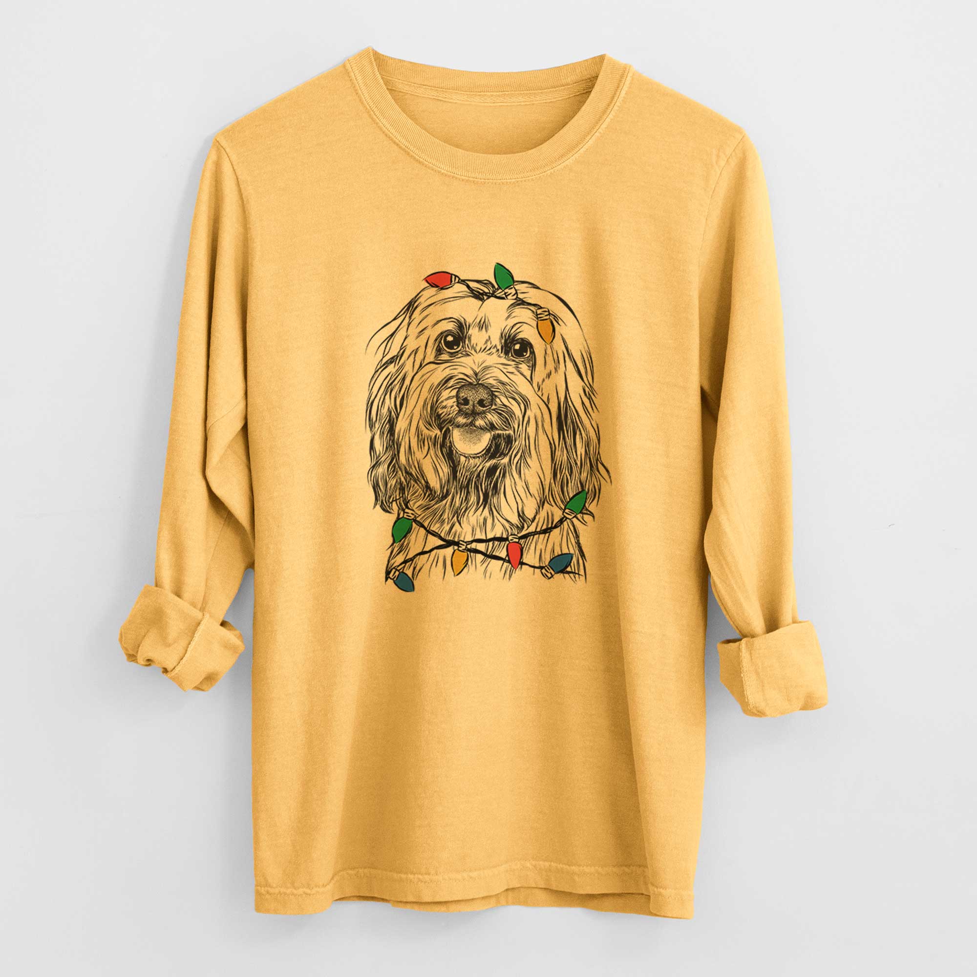 Christmas Lights Rime the Tibetan Terrier - Heavyweight 100% Cotton Long Sleeve