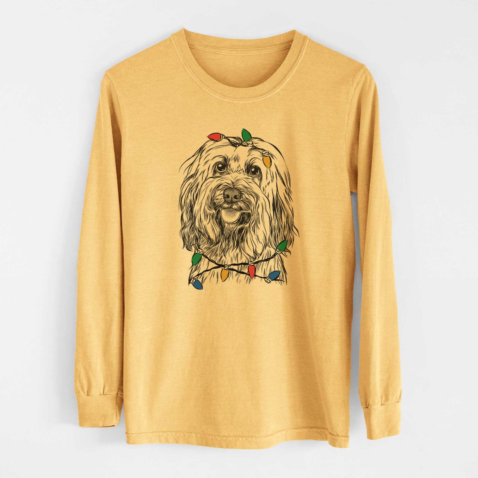 Christmas Lights Rime the Tibetan Terrier - Heavyweight 100% Cotton Long Sleeve