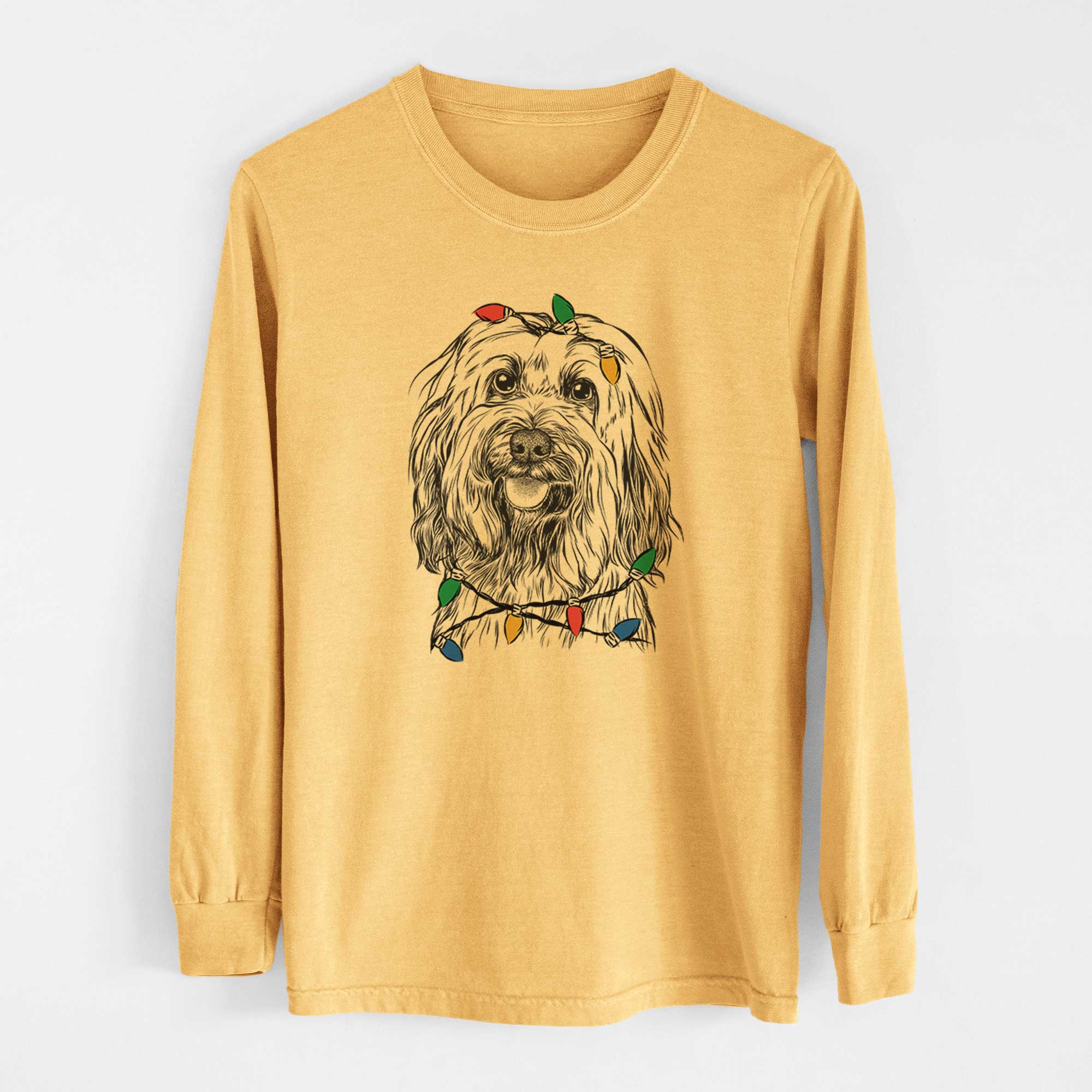 Christmas Lights Rime the Tibetan Terrier - Heavyweight 100% Cotton Long Sleeve