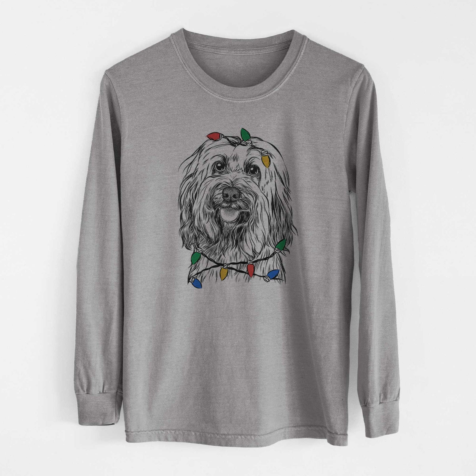Christmas Lights Rime the Tibetan Terrier - Heavyweight 100% Cotton Long Sleeve