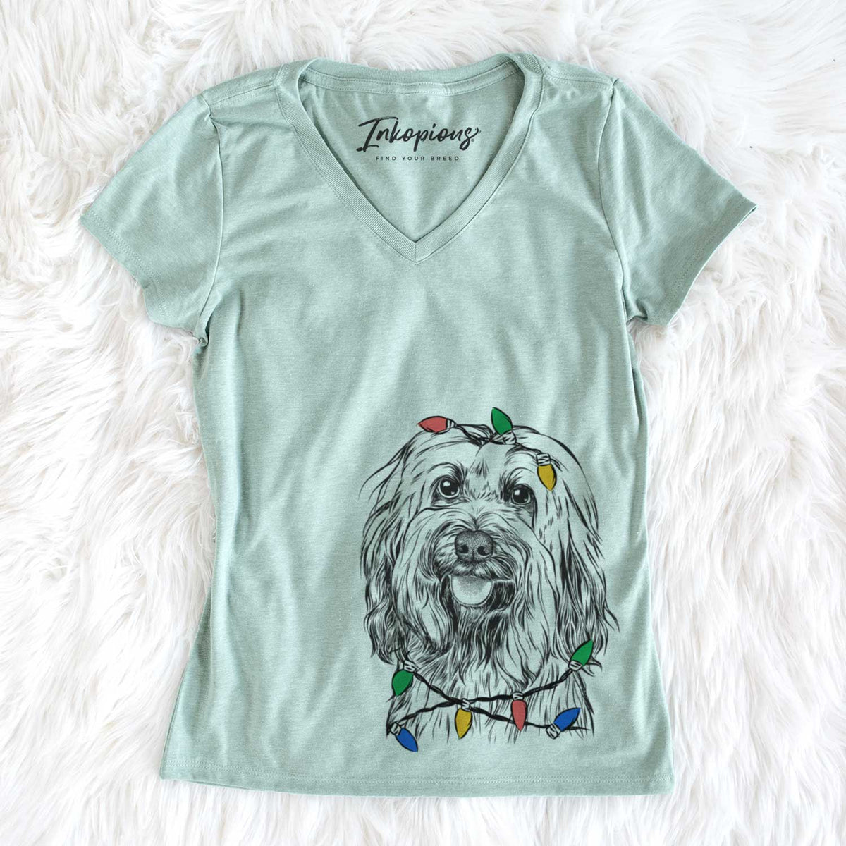 Christmas Lights Rime the Tibetan Terrier - Women&#39;s V-neck Shirt