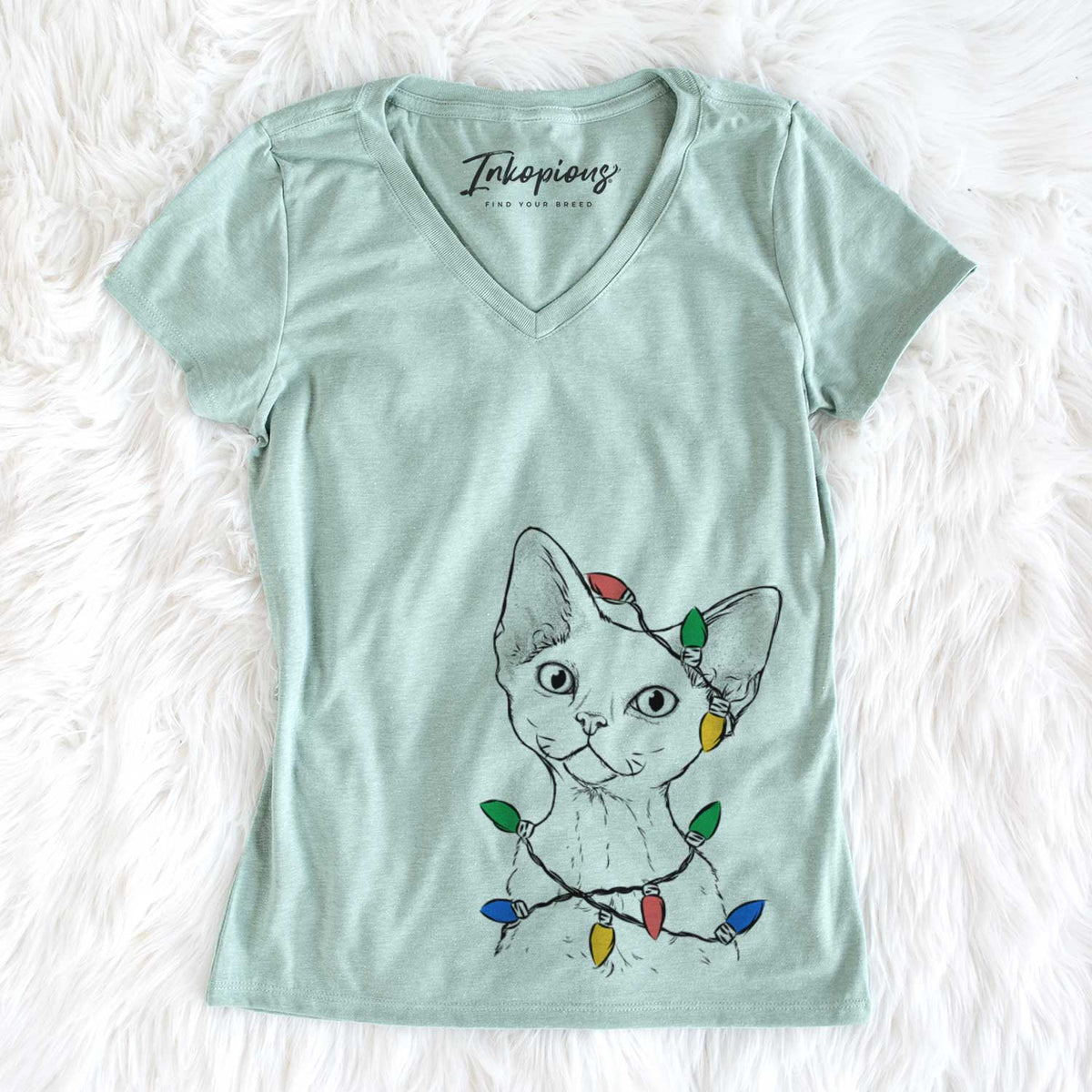 Christmas Lights Ripley the Devon Rex Cat - Women&#39;s V-neck Shirt