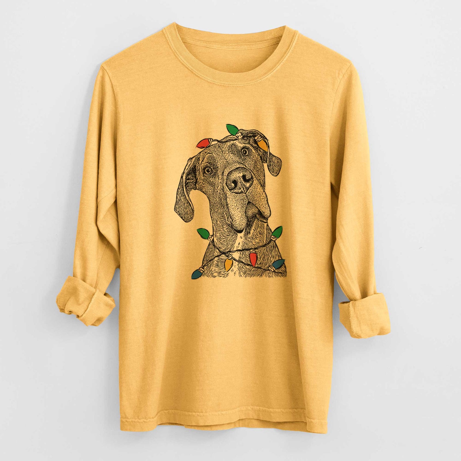 Christmas Lights River the Great Dane - Heavyweight 100% Cotton Long Sleeve