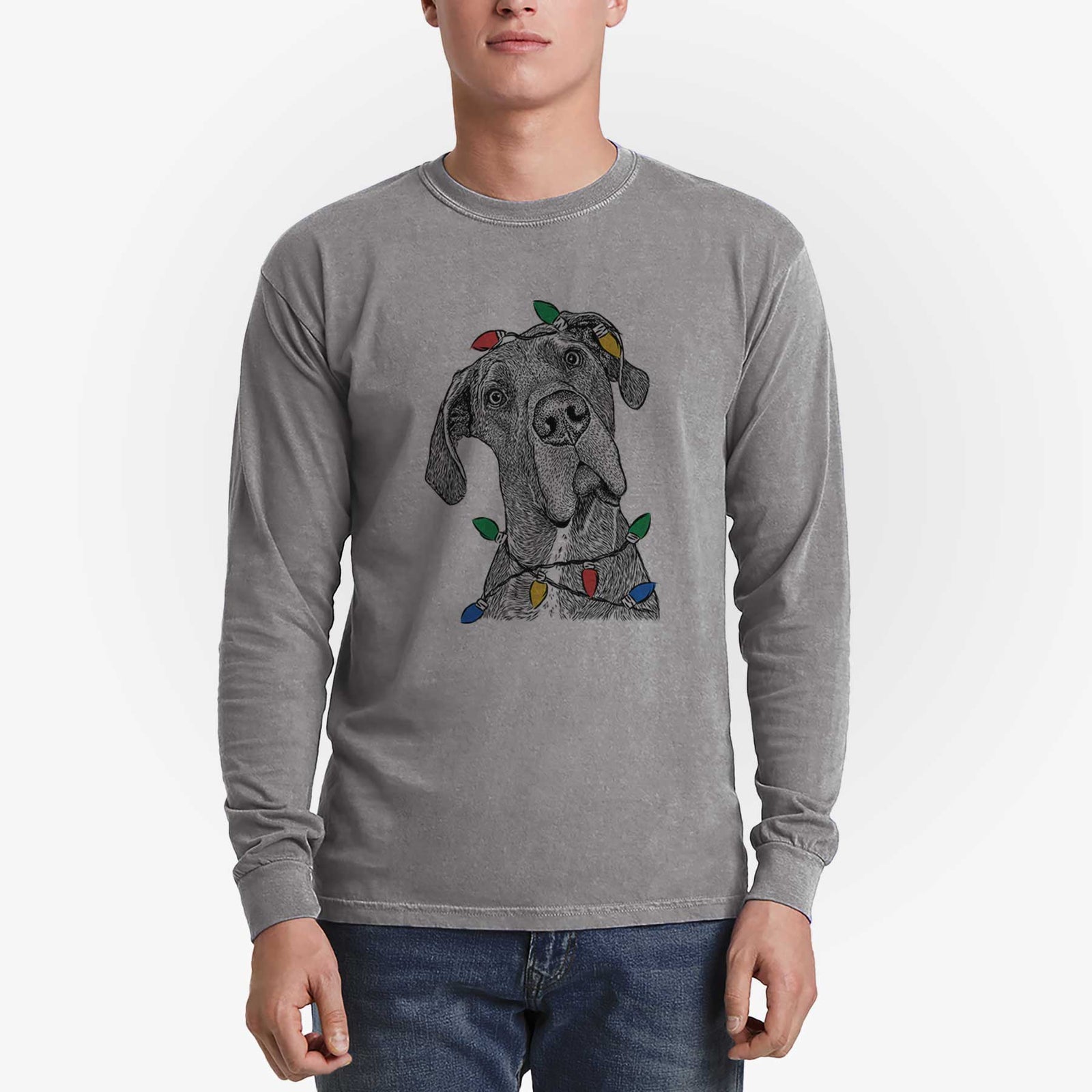 Christmas Lights River the Great Dane - Heavyweight 100% Cotton Long Sleeve