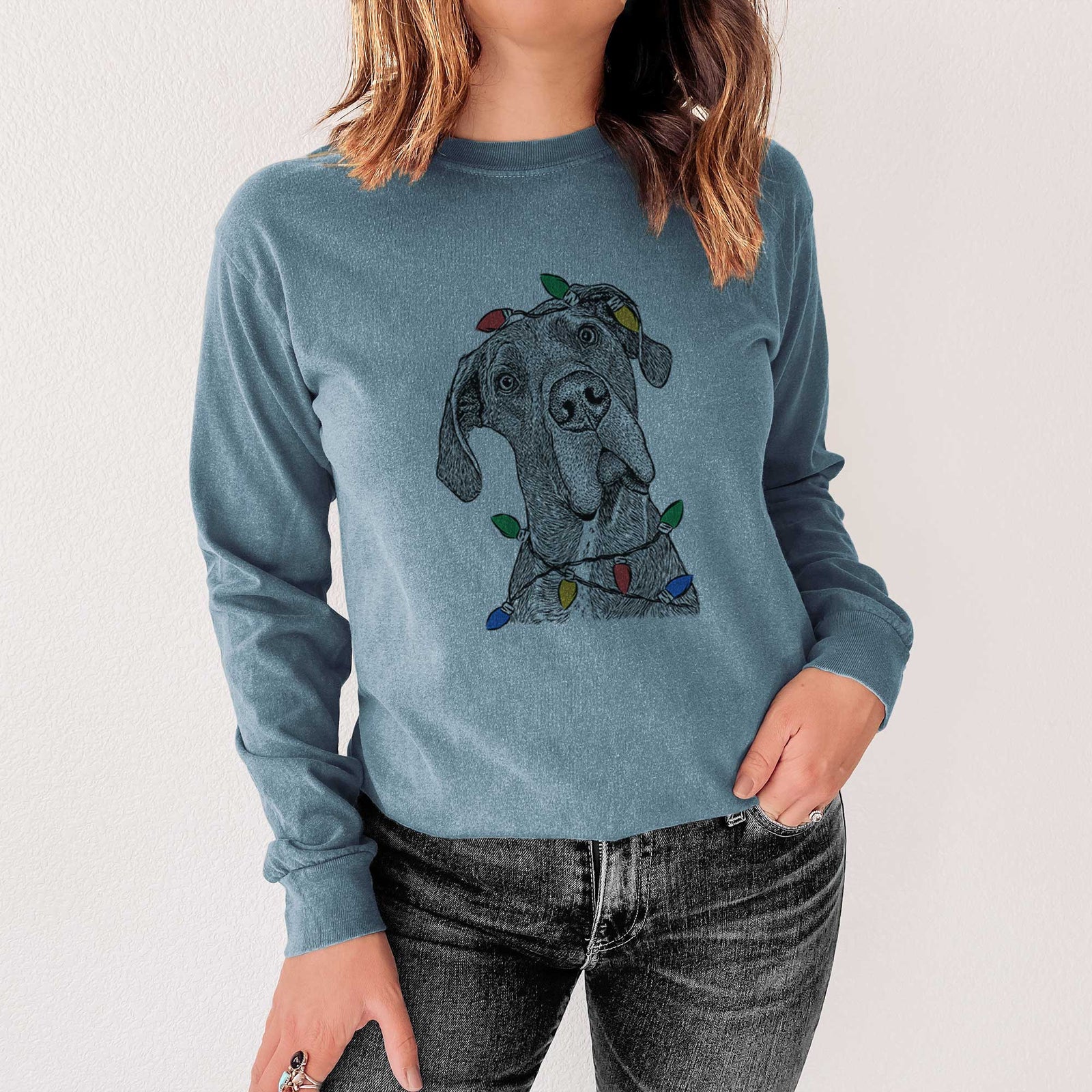 Christmas Lights River the Great Dane - Heavyweight 100% Cotton Long Sleeve