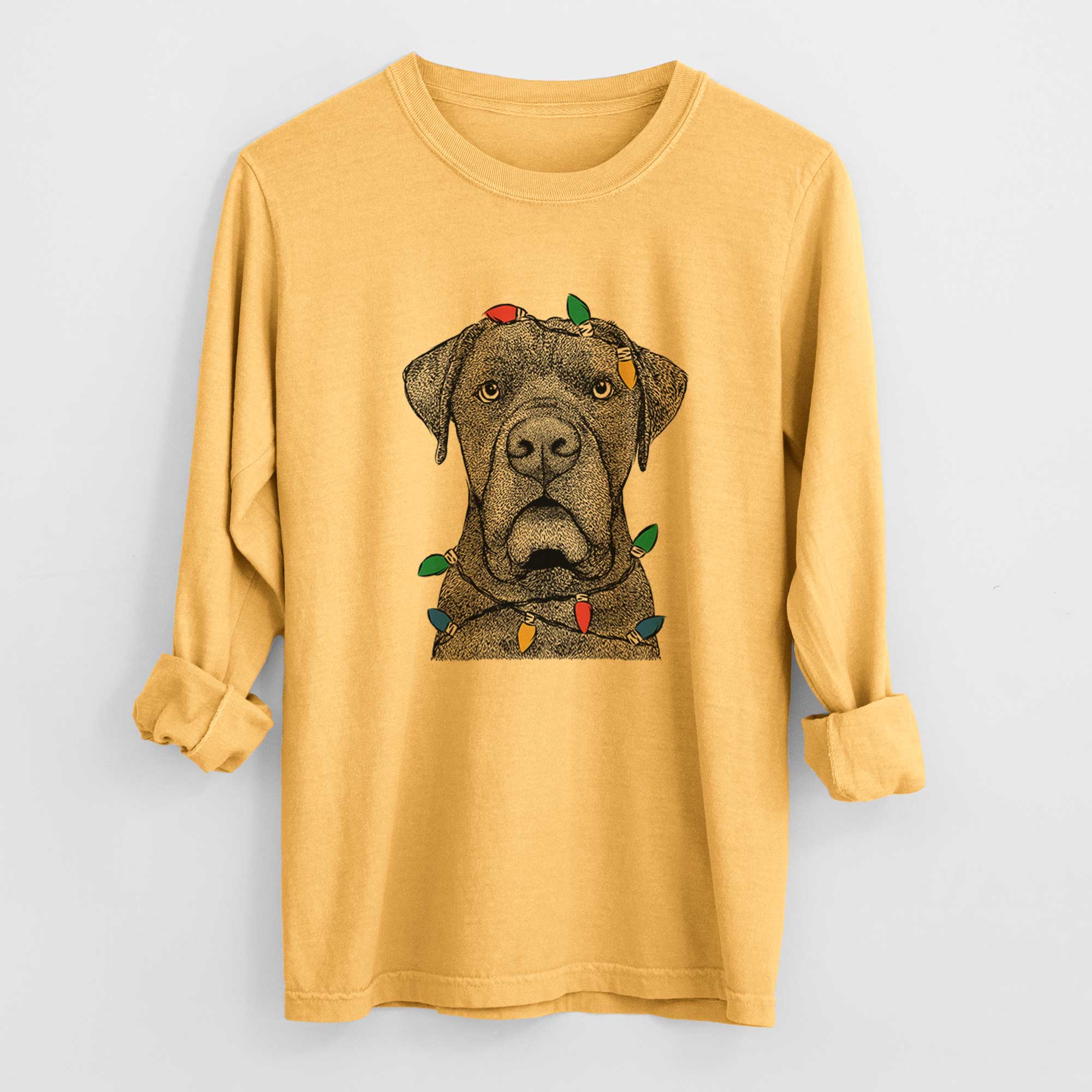 Christmas Lights Rocco the Cane Corso - Heavyweight 100% Cotton Long Sleeve