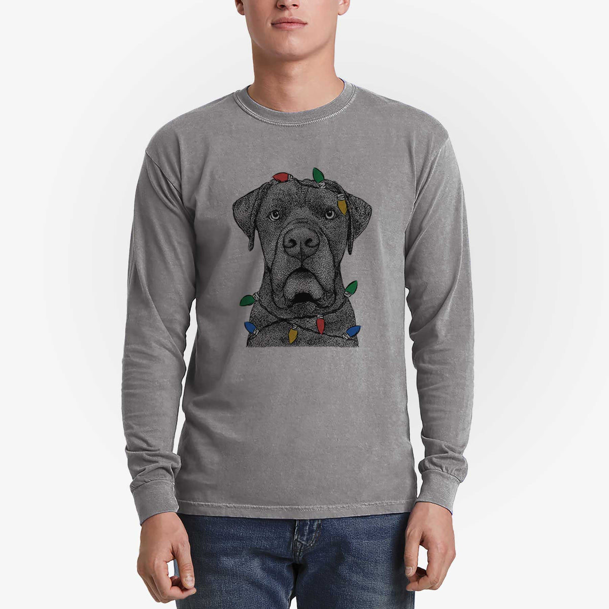 Christmas Lights Rocco the Cane Corso - Heavyweight 100% Cotton Long Sleeve