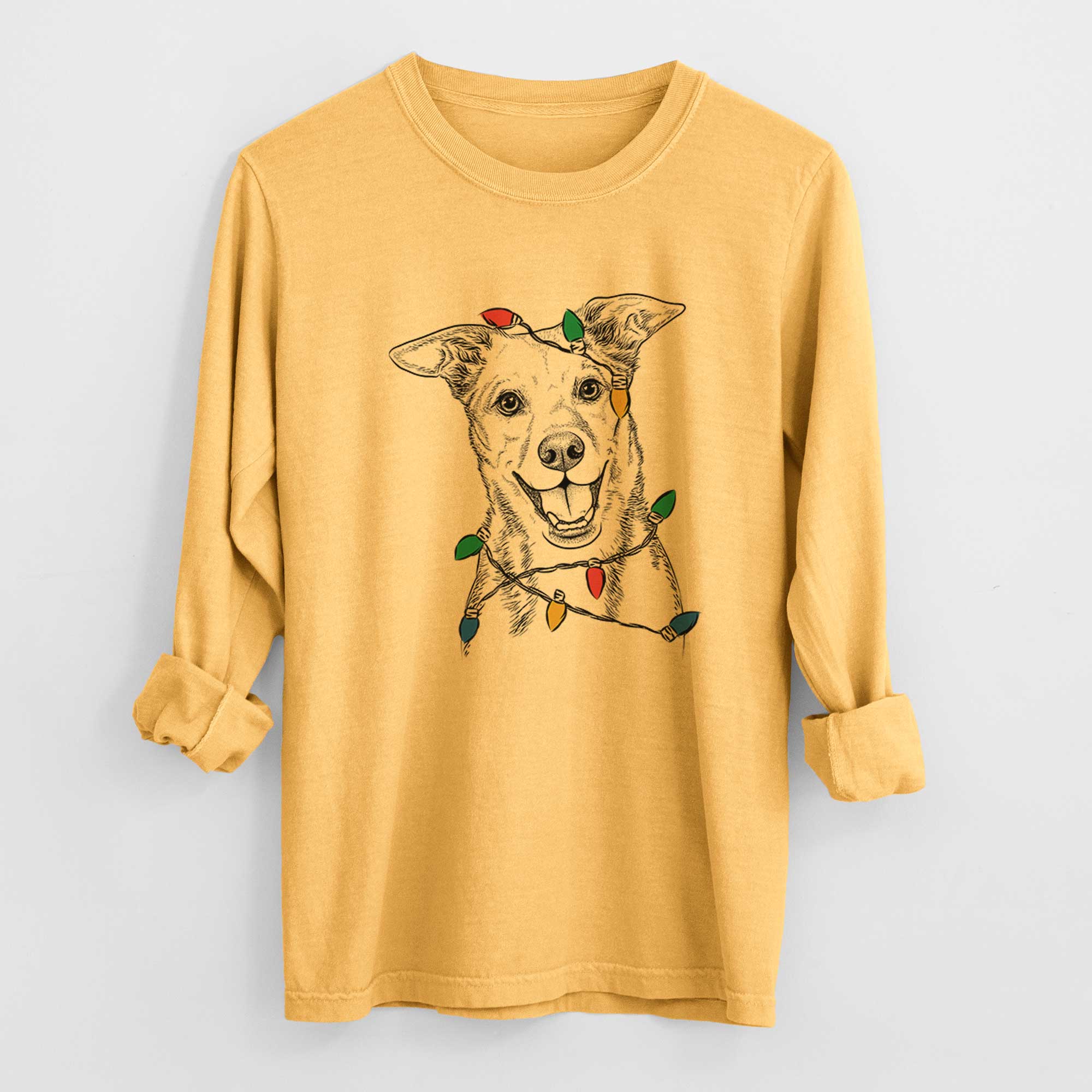 Christmas Lights Rocco the Mixed Breed - Heavyweight 100% Cotton Long Sleeve