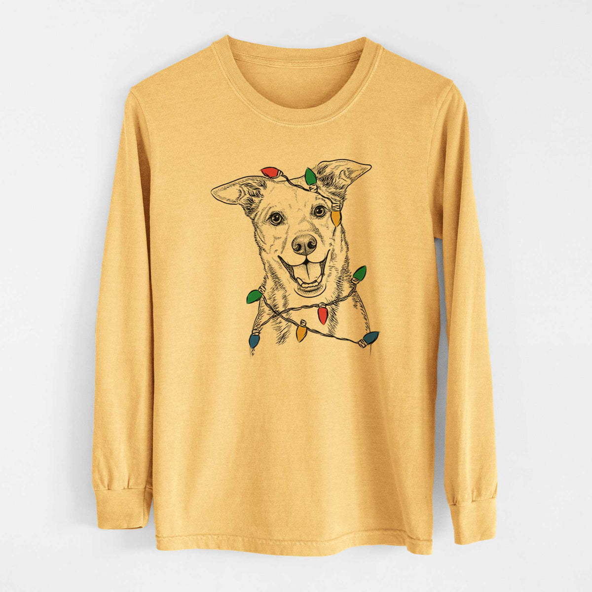 Christmas Lights Rocco the Mixed Breed - Heavyweight 100% Cotton Long Sleeve