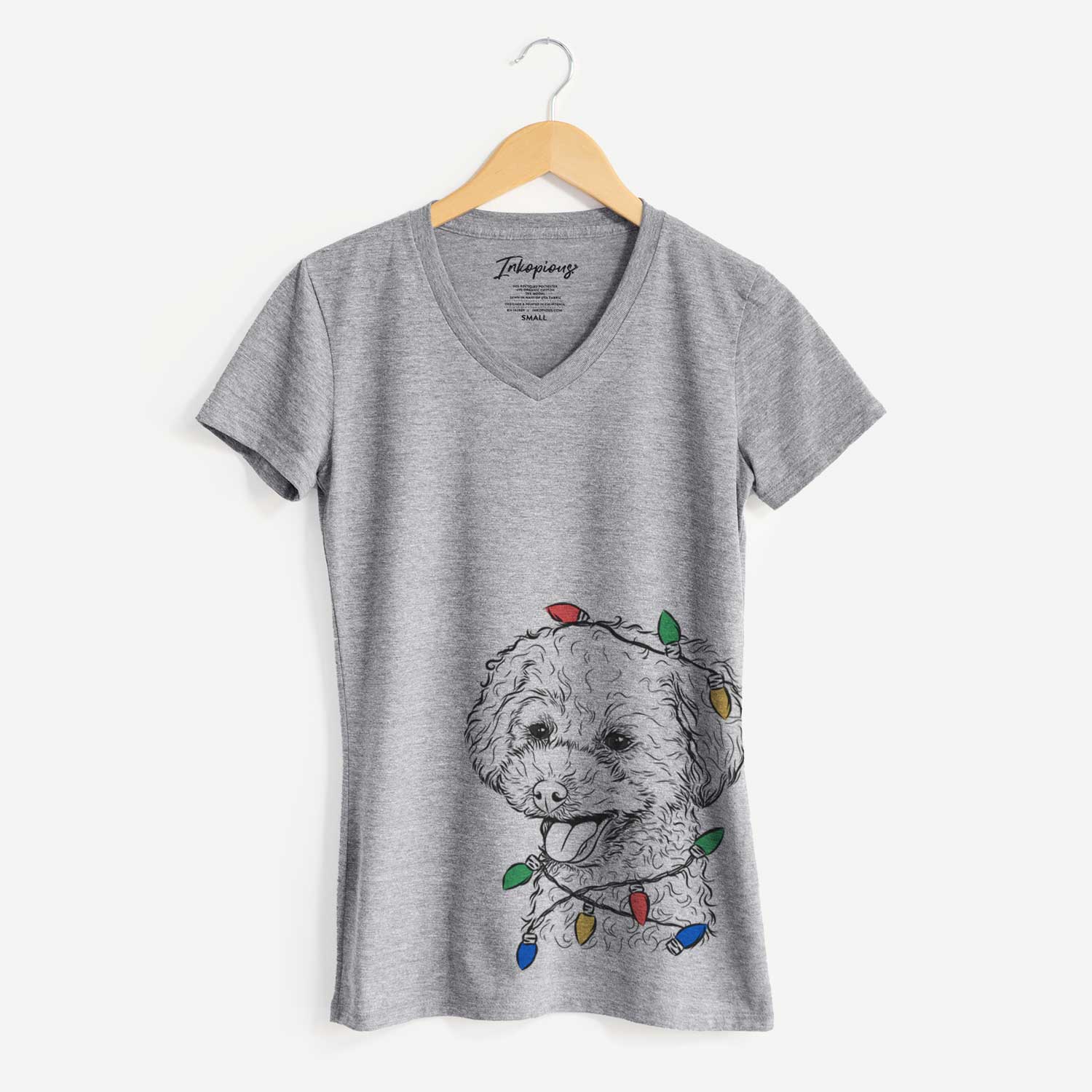 Christmas Lights Rocky the Teacup Poodle - Women's V-neck Shirt