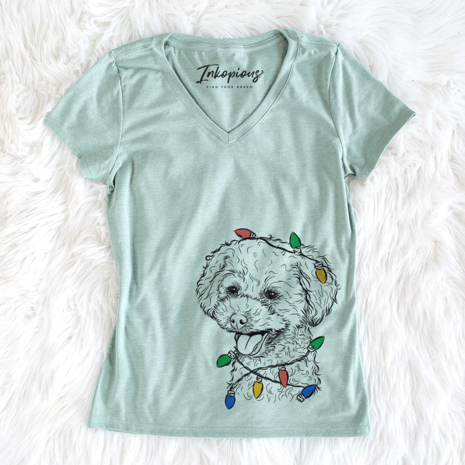 Christmas Lights Rocky the Teacup Poodle - Women's V-neck Shirt