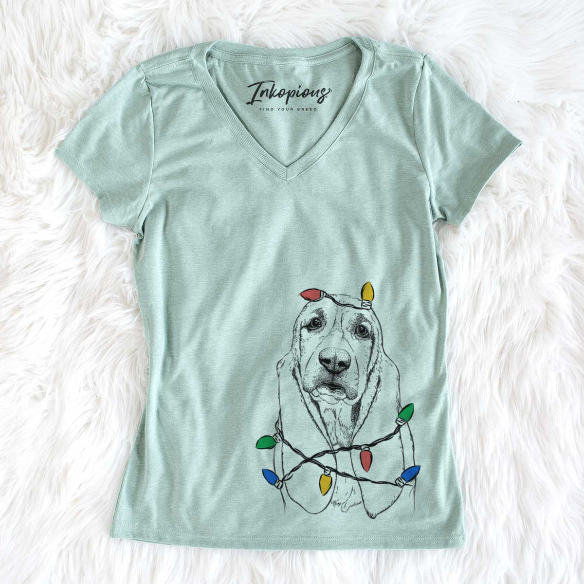 Christmas Lights Rolo the Basset Hound - Women's V-neck Shirt