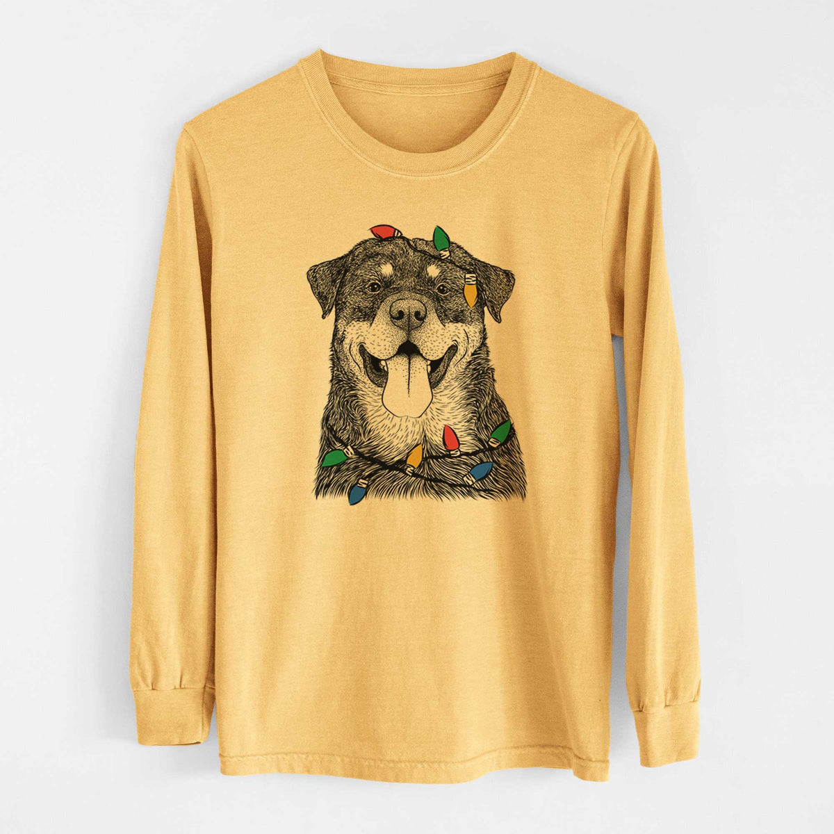 Christmas Lights Romeo the Rottweiler - Heavyweight 100% Cotton Long Sleeve