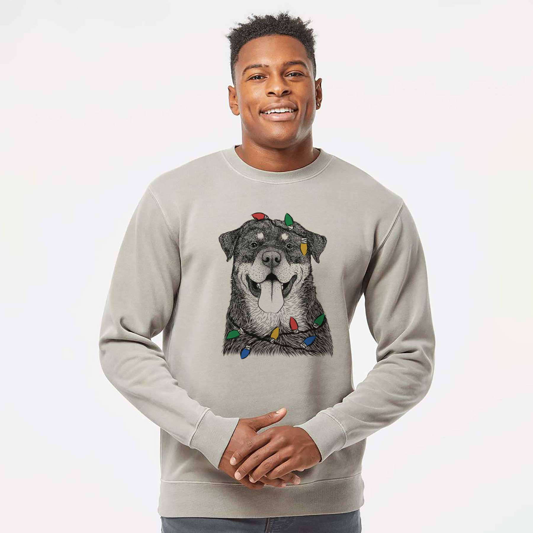 Christmas Lights Romeo the Rottweiler - Unisex Pigment Dyed Crew Sweatshirt