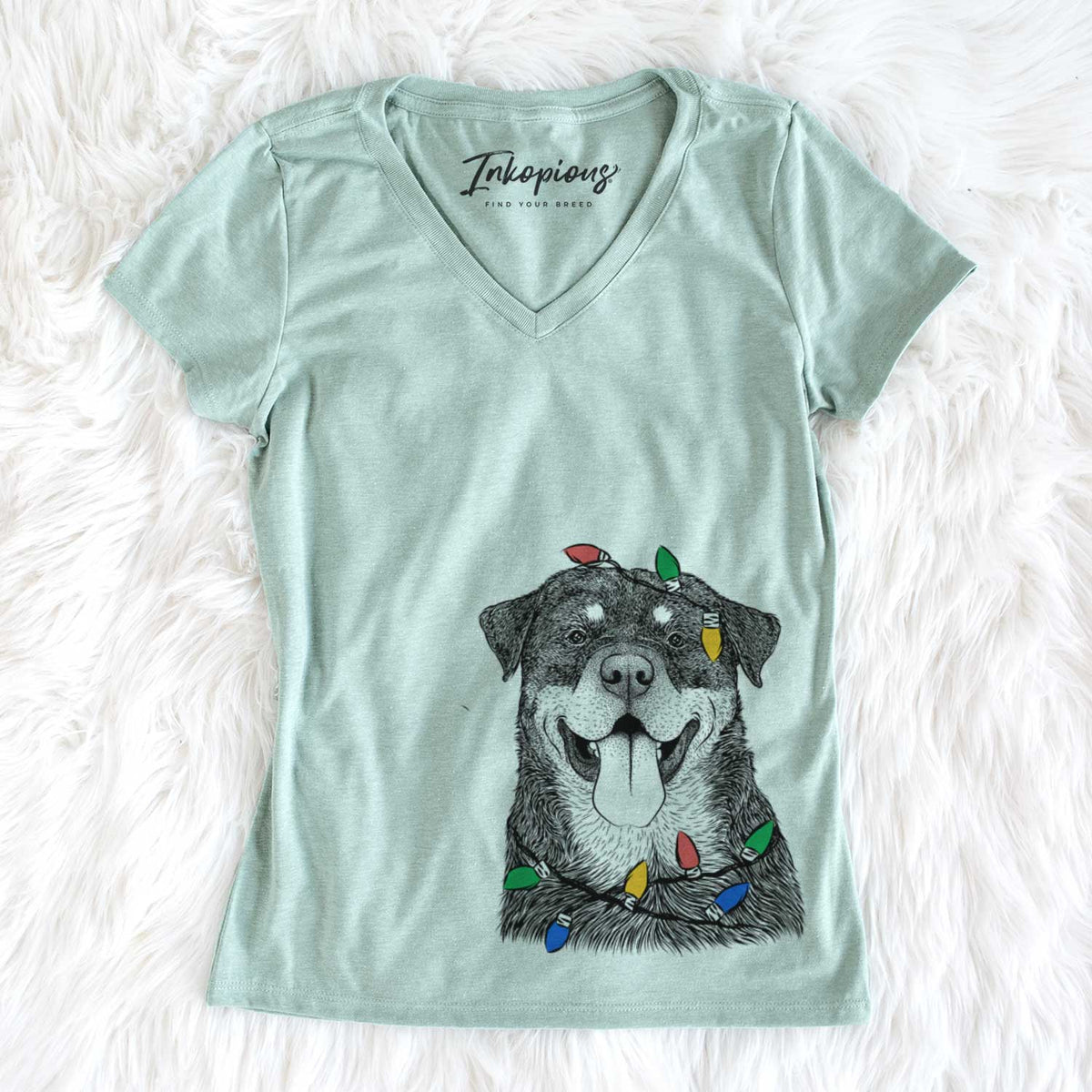 Christmas Lights Romeo the Rottweiler - Women&#39;s V-neck Shirt