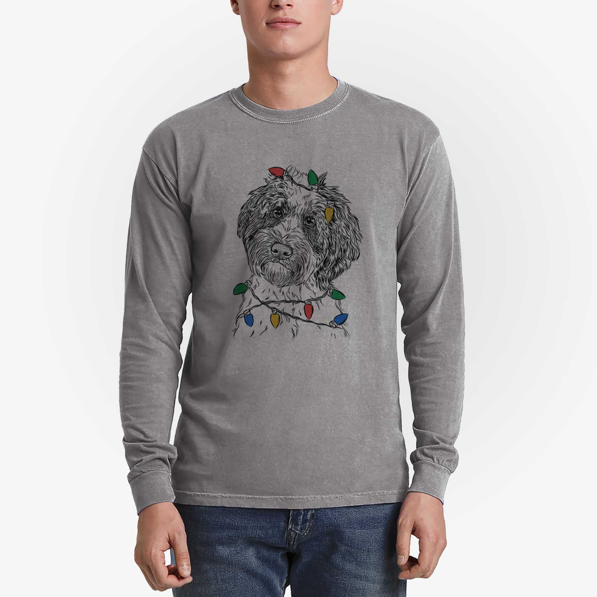 Christmas Lights Rooney the Aussiedoodle - Heavyweight 100% Cotton Long Sleeve