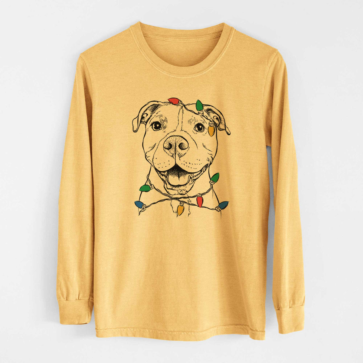 Christmas Lights Roscoe the Pitbull - Heavyweight 100% Cotton Long Sleeve