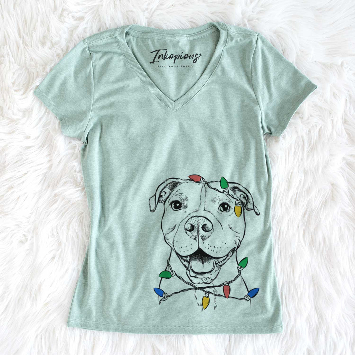 Christmas Lights Roscoe the Pitbull - Women&#39;s V-neck Shirt