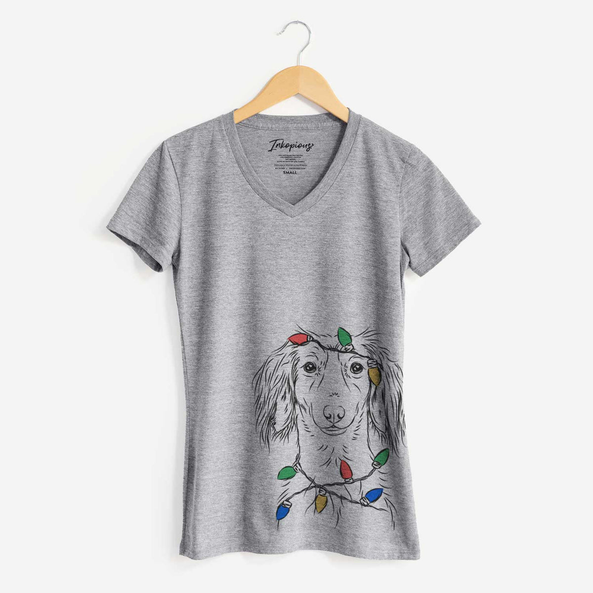 Christmas Lights Roux the Long Haired Dachshund - Women's V-neck Shirt