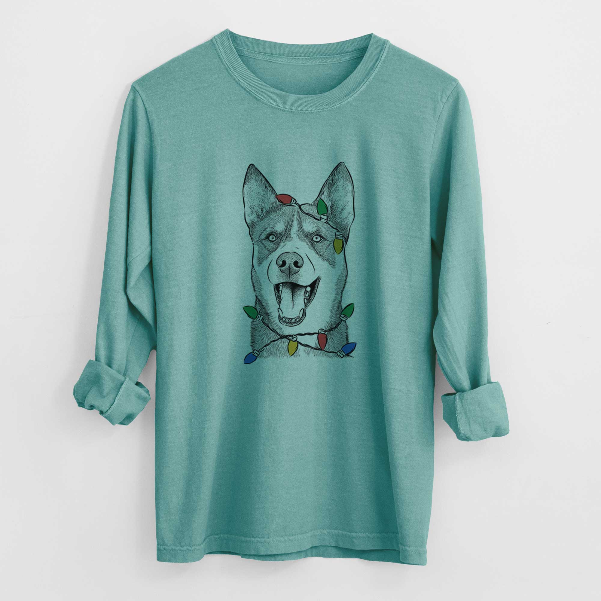 Christmas Lights Roux the Siberian Husky - Heavyweight 100% Cotton Long Sleeve