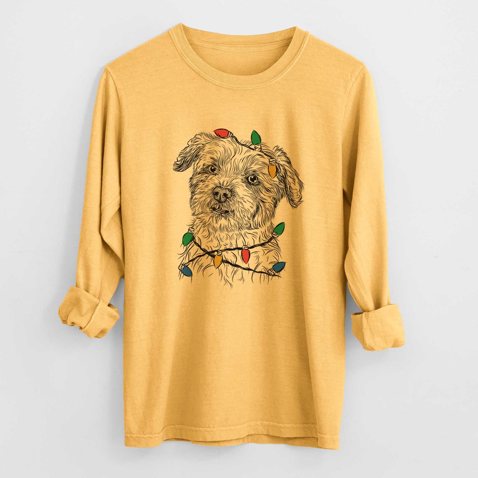 Christmas Lights Roxie the Schnauzer Shih Tzu Mix - Heavyweight 100% Cotton Long Sleeve