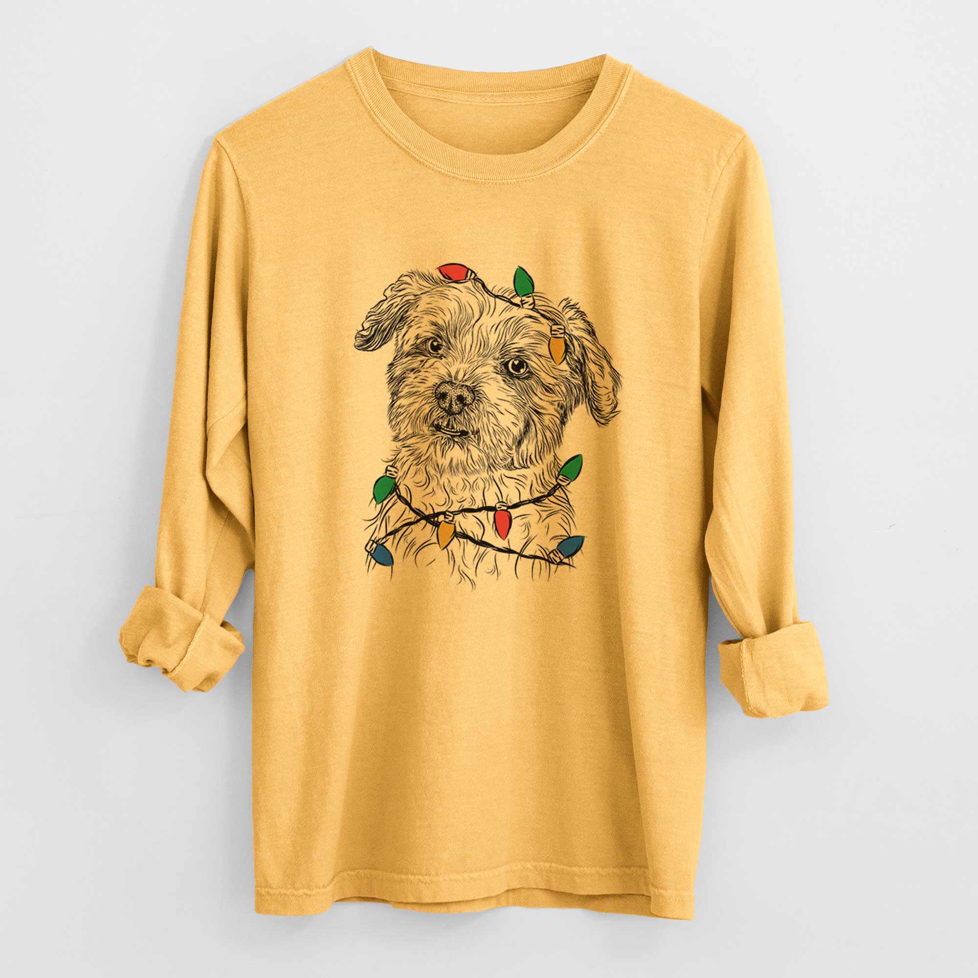 Christmas Lights Roxie the Schnauzer Shih Tzu Mix - Heavyweight 100% Cotton Long Sleeve