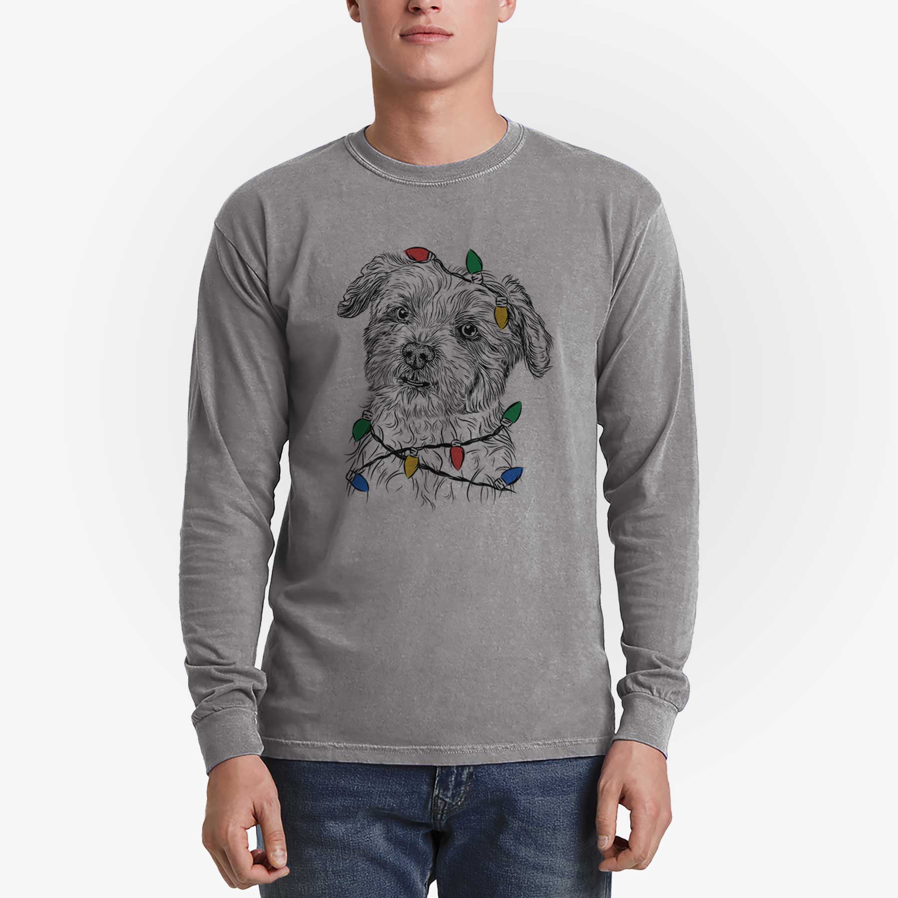 Christmas Lights Roxie the Schnauzer Shih Tzu Mix - Heavyweight 100% Cotton Long Sleeve