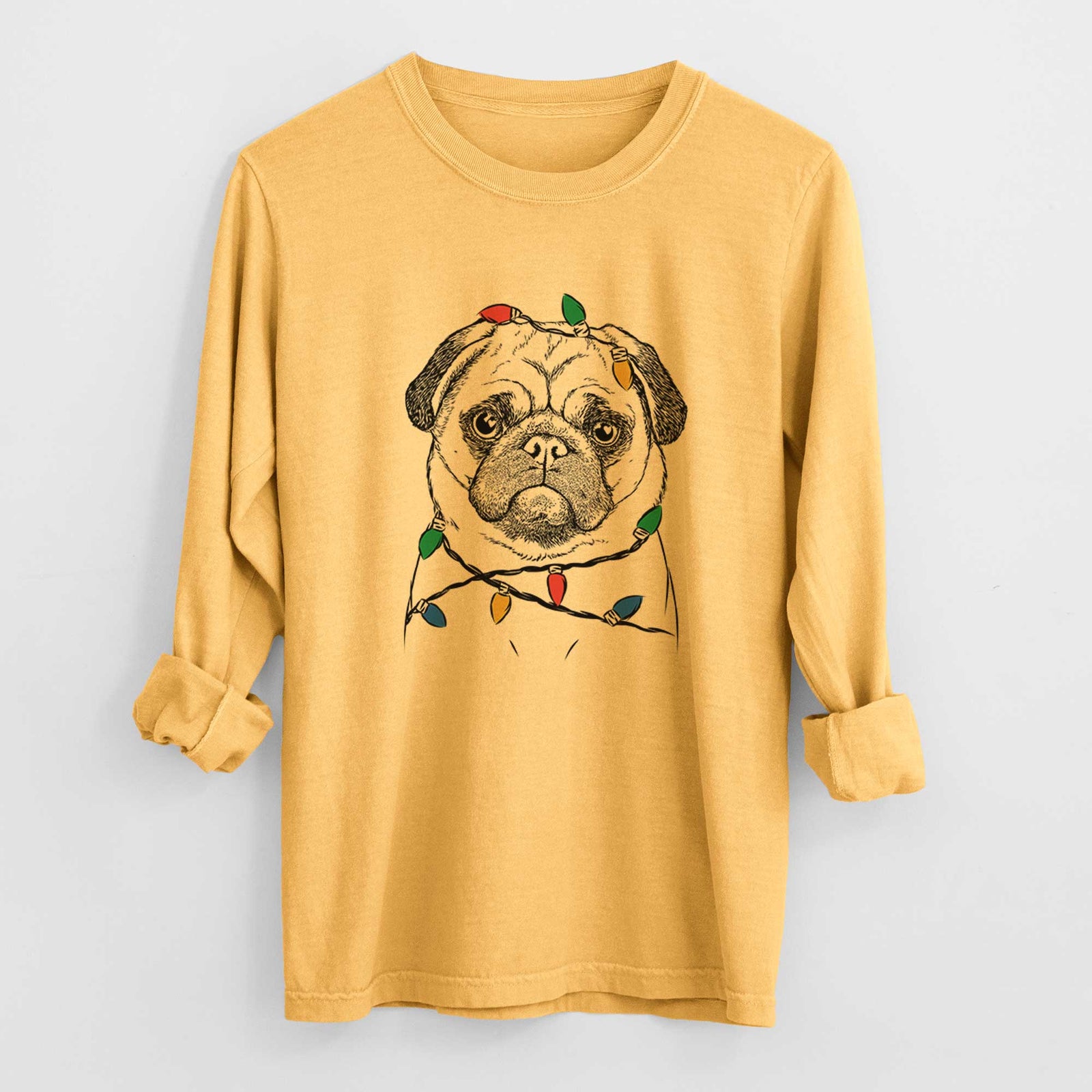 Christmas Lights Ruby the Pug - Heavyweight 100% Cotton Long Sleeve