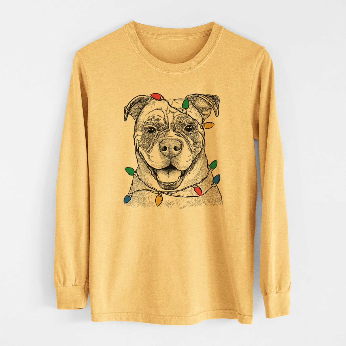 Christmas Lights Rufus the American Bulldog - Heavyweight 100% Cotton Long Sleeve