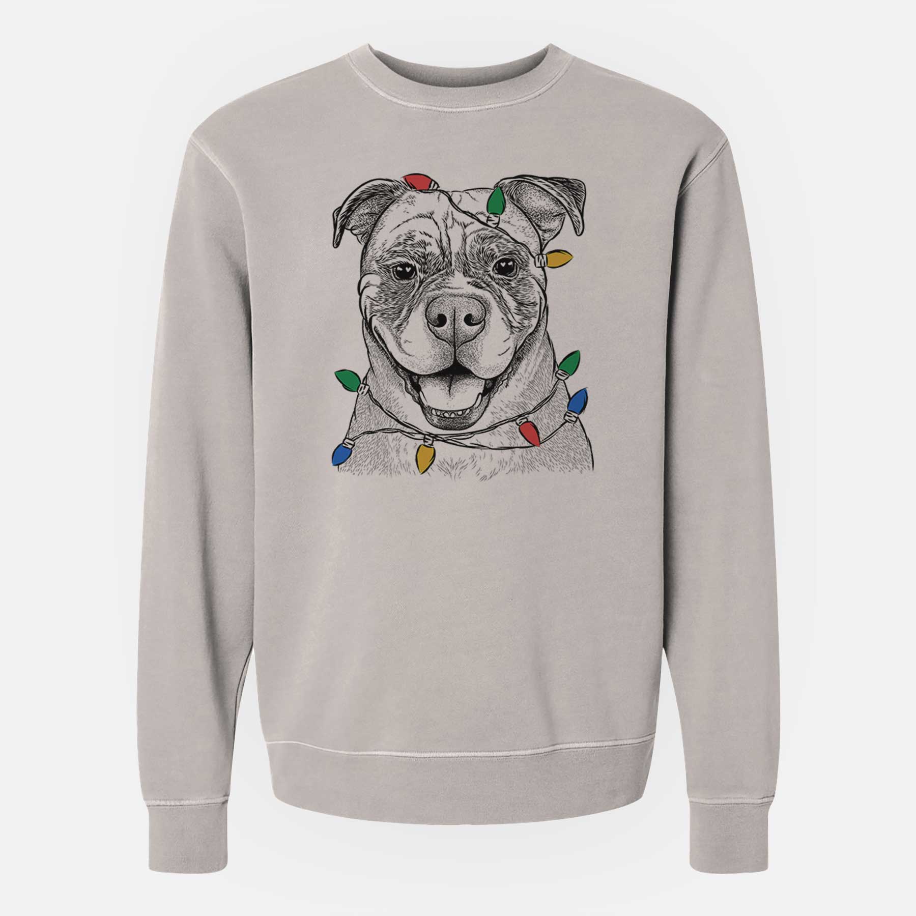 Christmas Lights Rufus the American Bulldog - Unisex Pigment Dyed Crew Sweatshirt