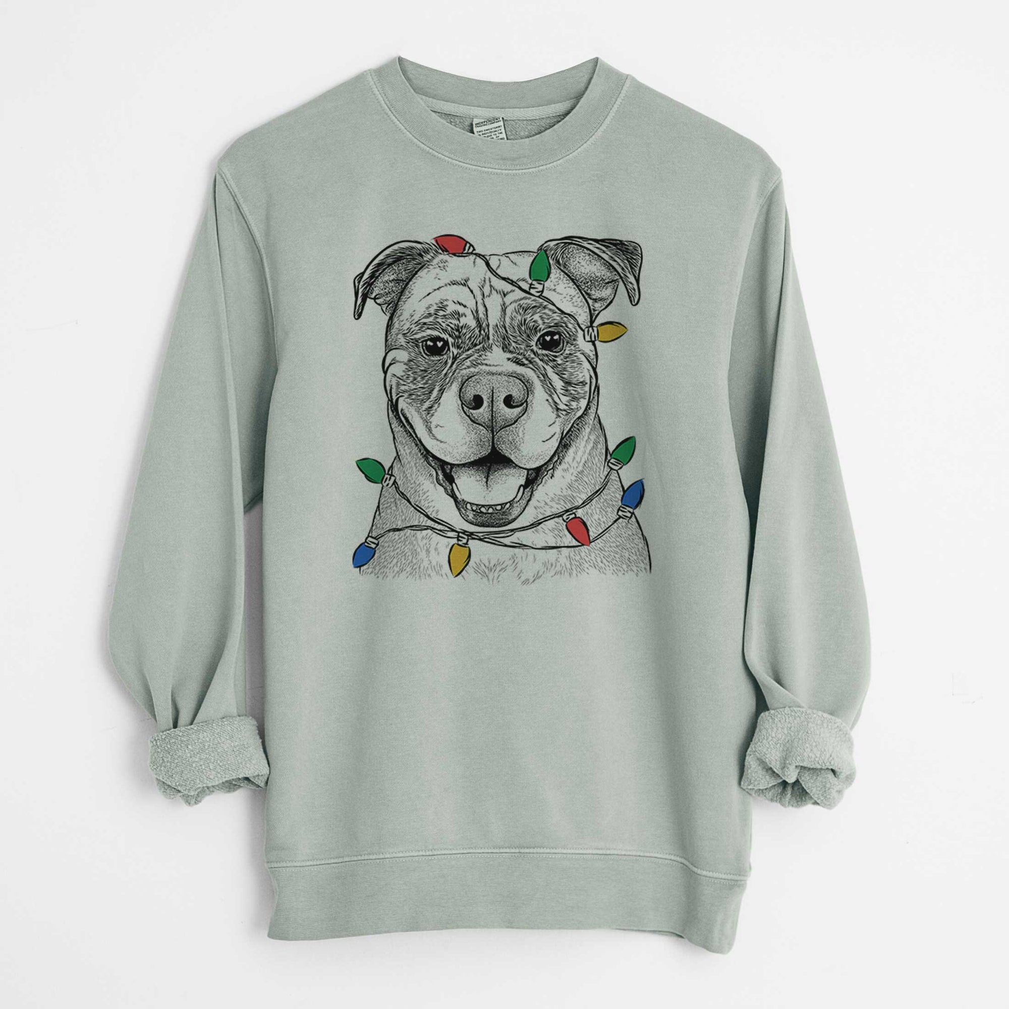 Christmas Lights Rufus the American Bulldog - Unisex Pigment Dyed Crew Sweatshirt