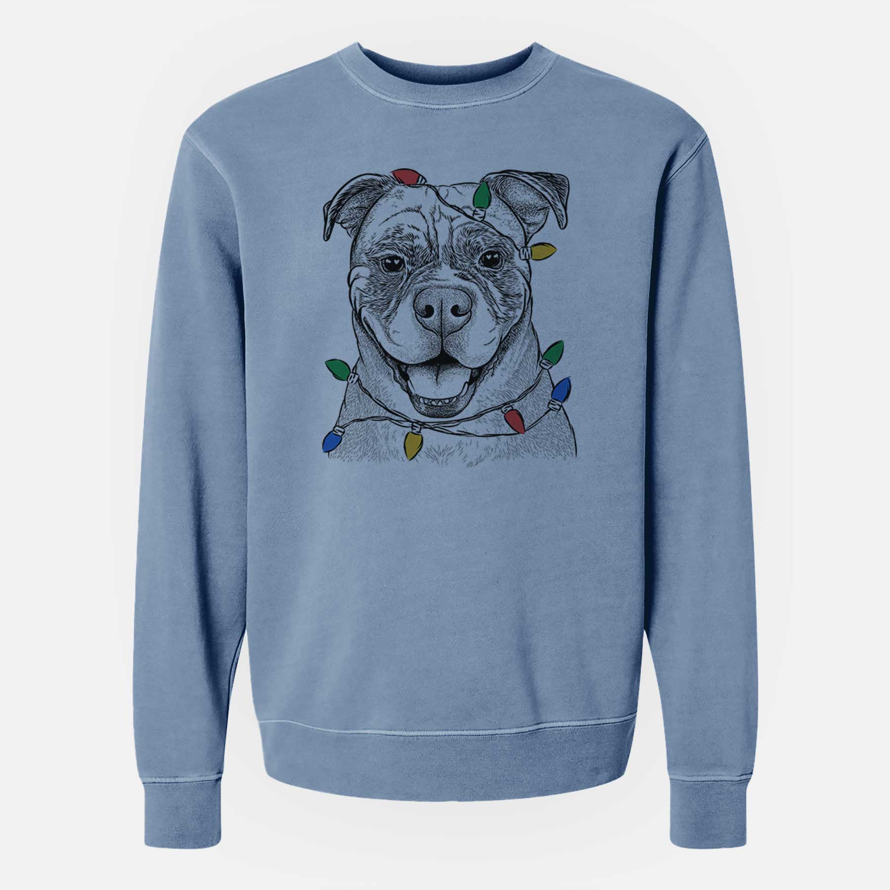 Christmas Lights Rufus the American Bulldog - Unisex Pigment Dyed Crew Sweatshirt