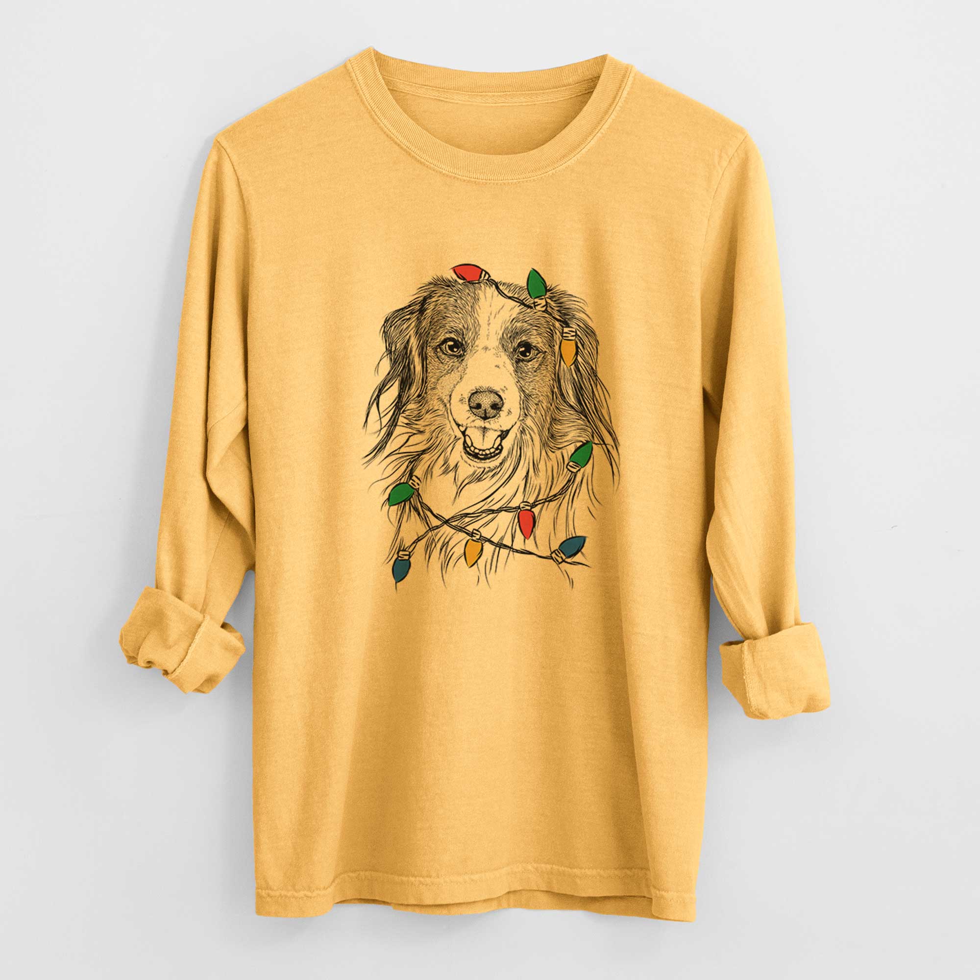 Christmas Lights Rutger the Nederlandse Kooikerhondje - Heavyweight 100% Cotton Long Sleeve