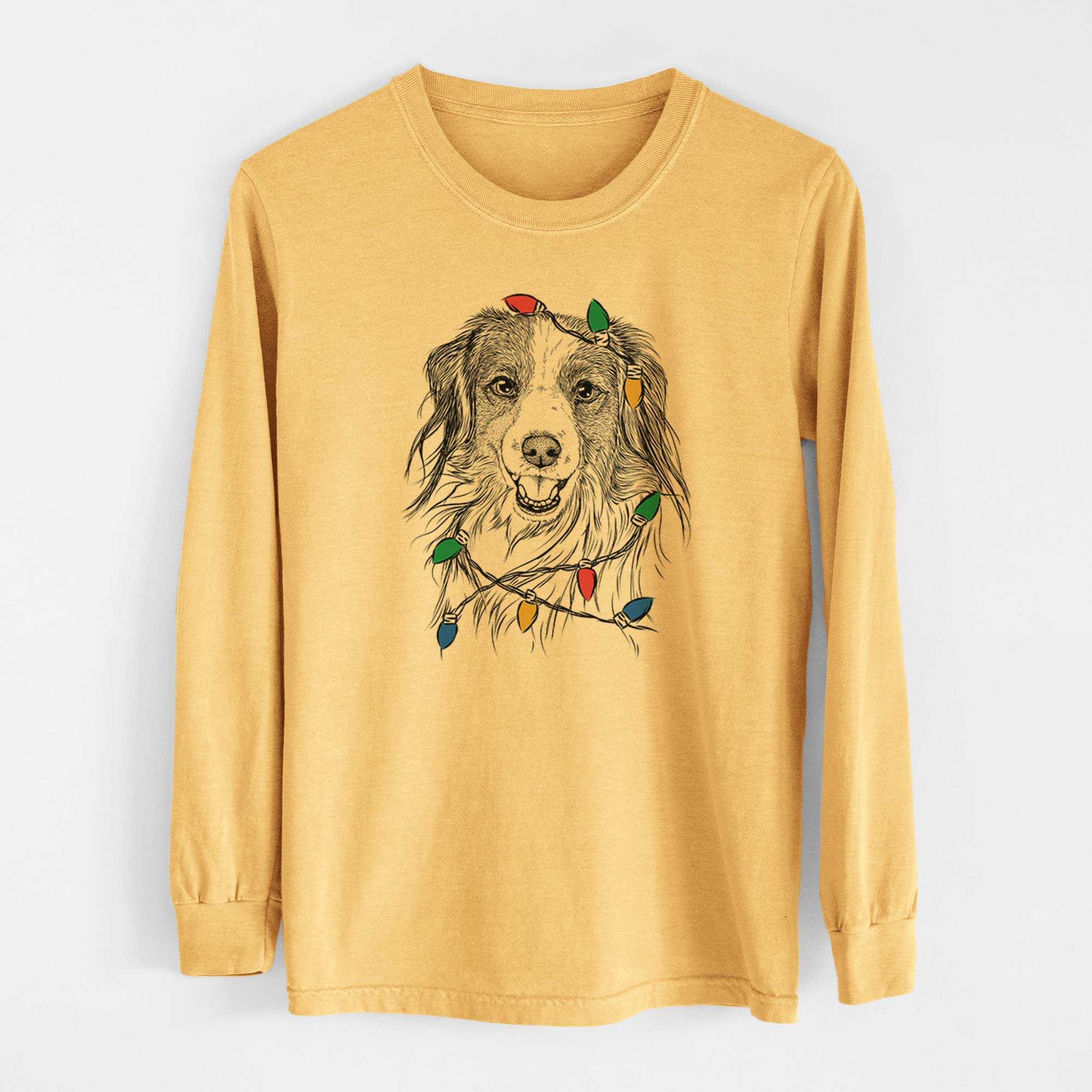 Christmas Lights Rutger the Nederlandse Kooikerhondje - Heavyweight 100% Cotton Long Sleeve