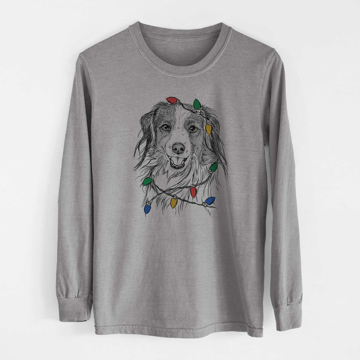 Christmas Lights Rutger the Nederlandse Kooikerhondje - Heavyweight 100% Cotton Long Sleeve