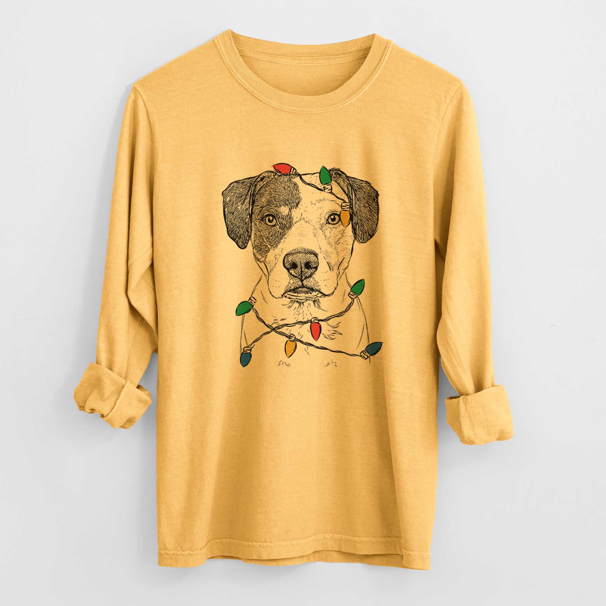 Christmas Lights Ryleigh the Beagle Pitbull Mix - Heavyweight 100% Cotton Long Sleeve