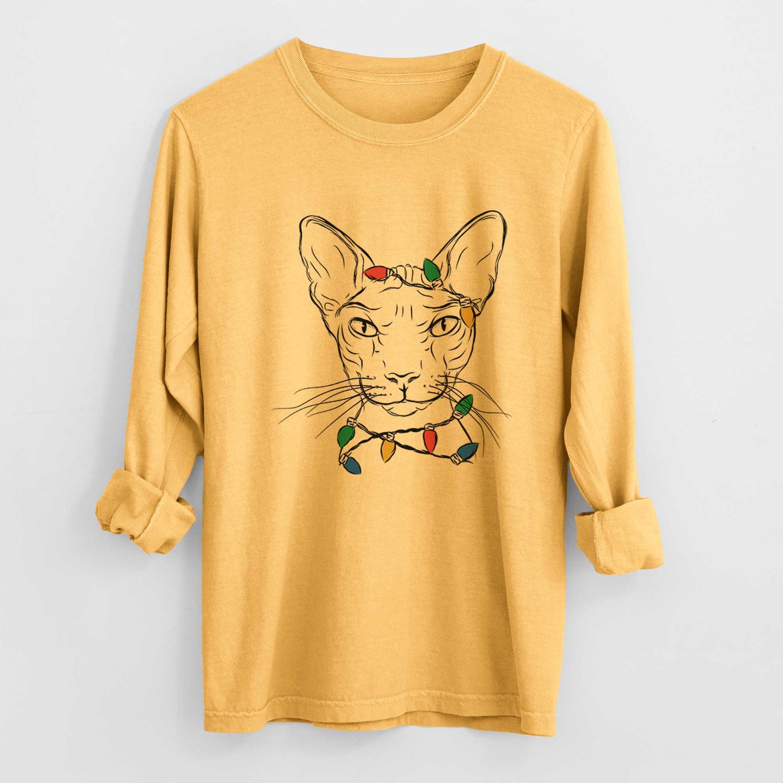 Christmas Lights Sammy the Spinx Cat - Heavyweight 100% Cotton Long Sleeve