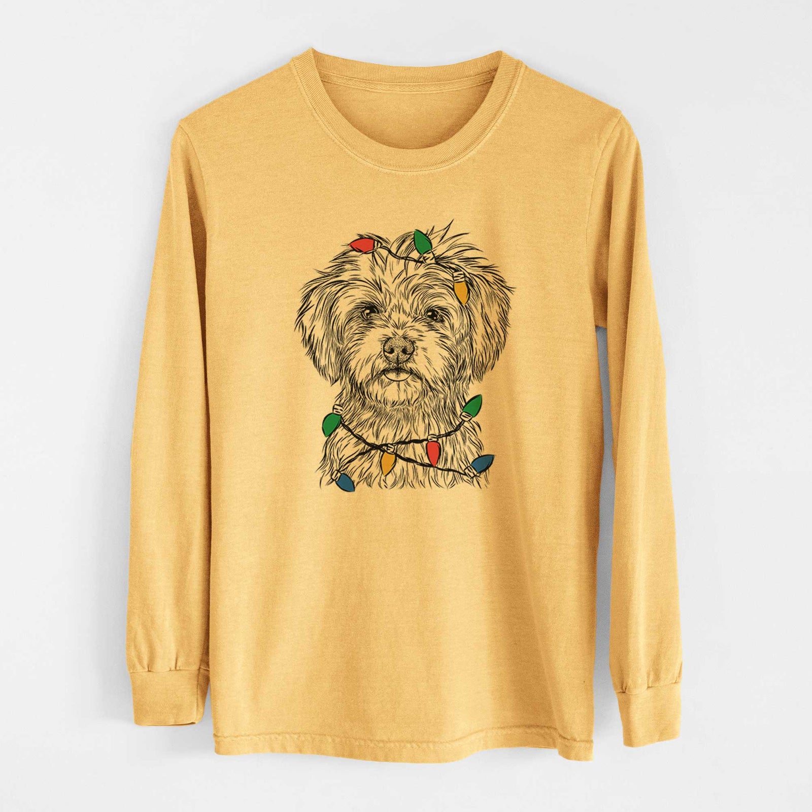 Christmas Lights Sammy the Shorkie - Heavyweight 100% Cotton Long Sleeve