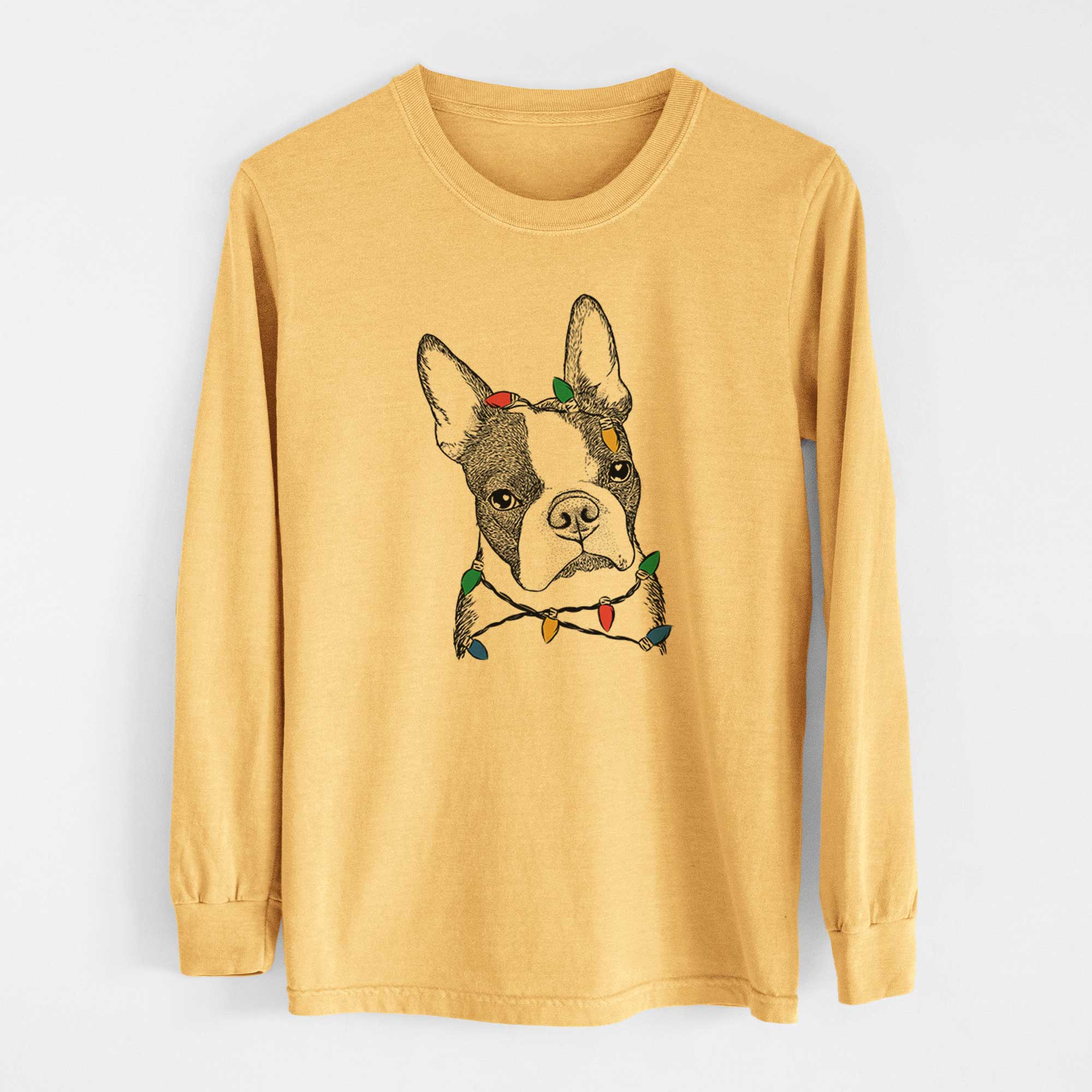 Christmas Lights Samuel the Boston Terrier - Heavyweight 100% Cotton Long Sleeve