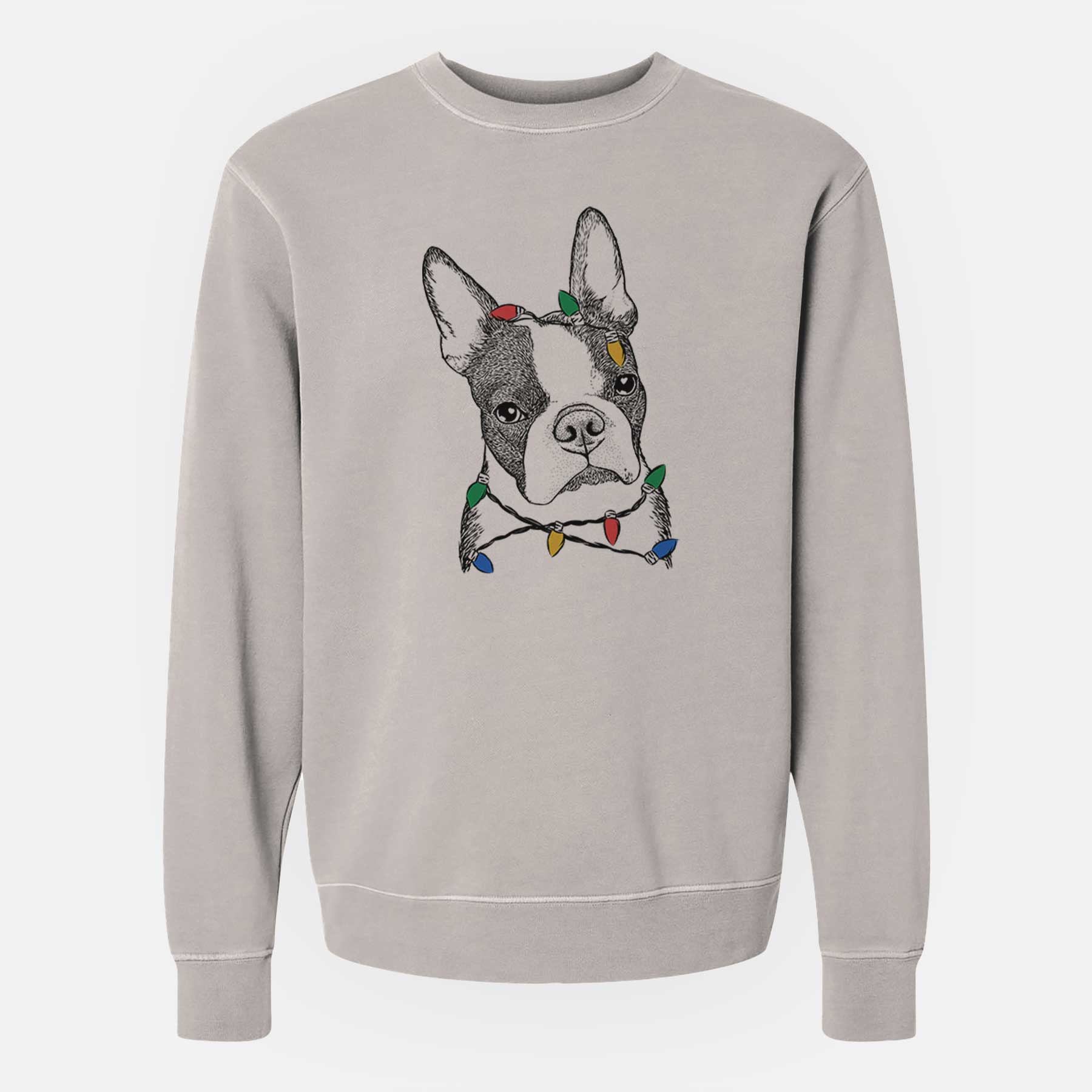 Christmas Lights Samuel the Boston Terrier - Unisex Pigment Dyed Crew Sweatshirt