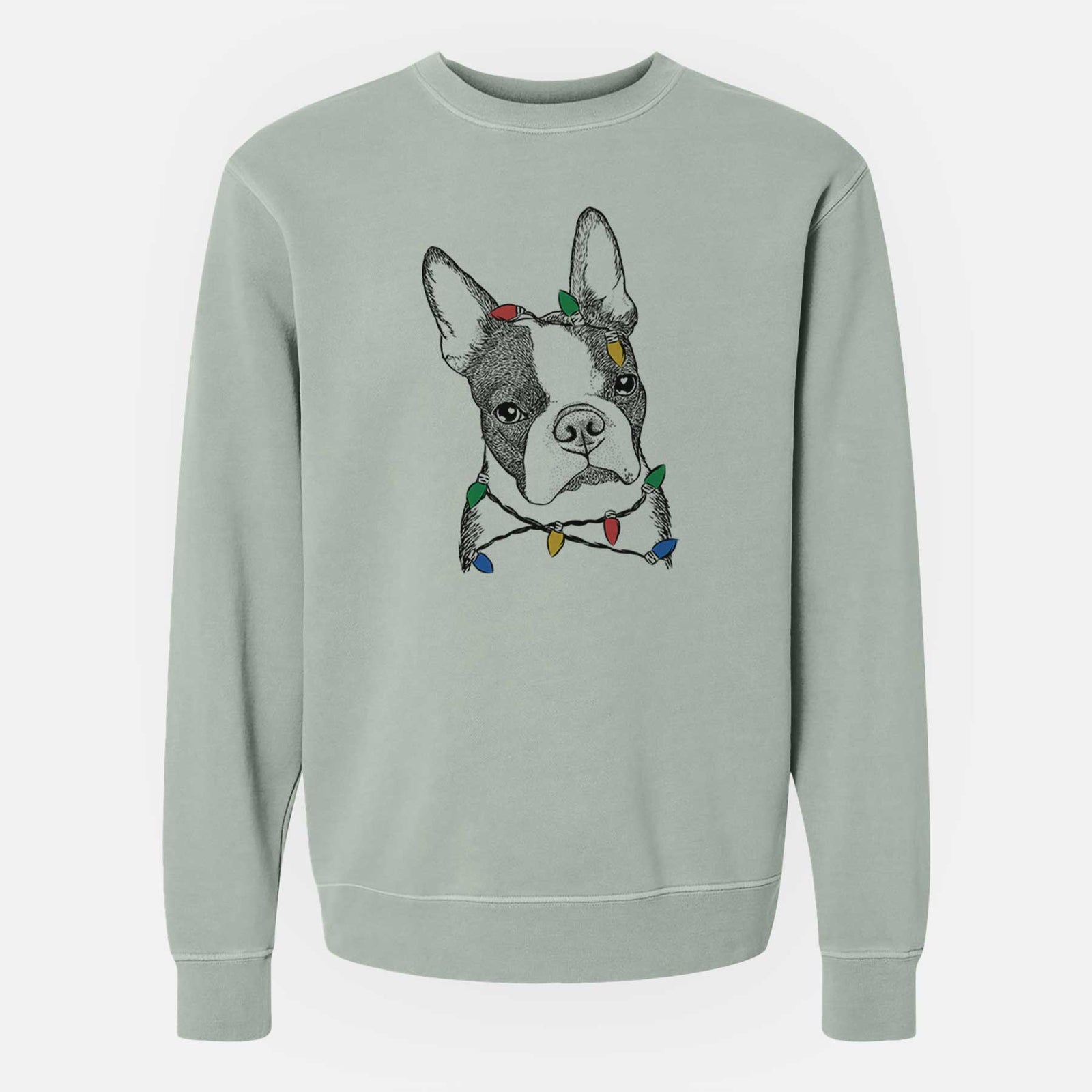 Christmas Lights Samuel the Boston Terrier - Unisex Pigment Dyed Crew Sweatshirt