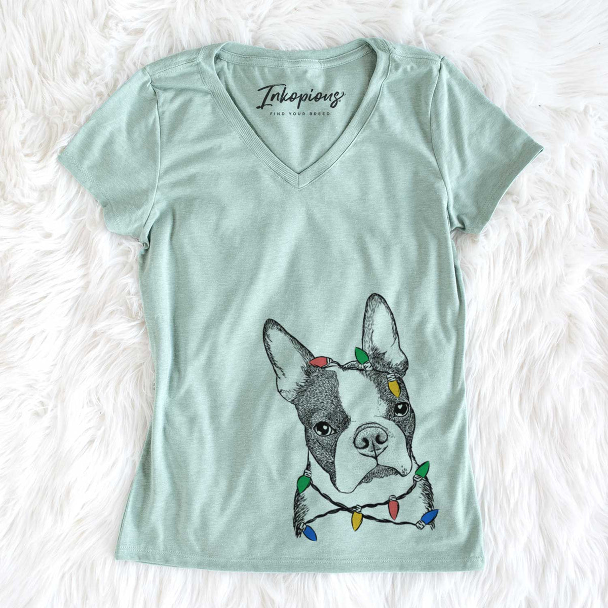 Christmas Lights Samuel the Boston Terrier - Women&#39;s V-neck Shirt