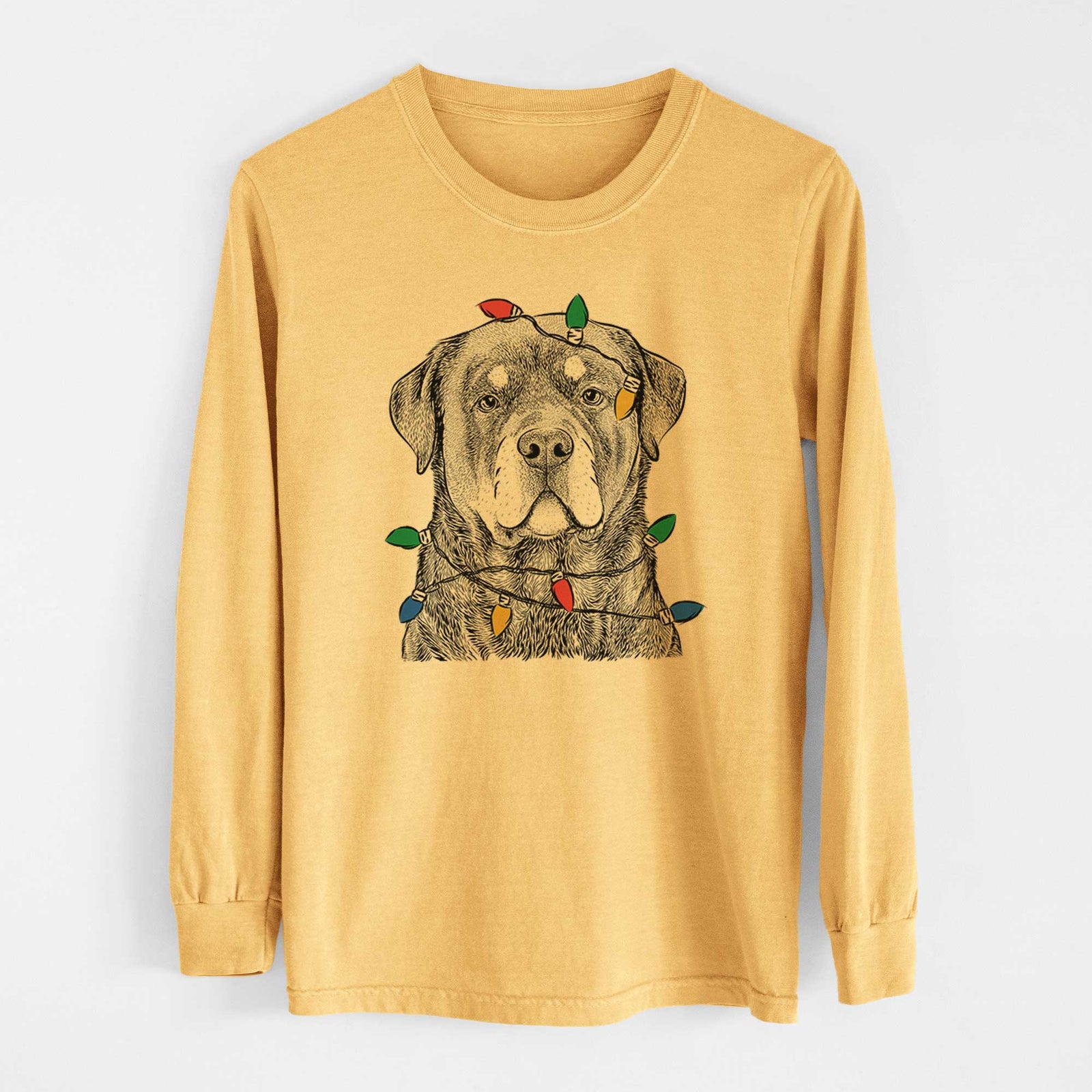 Christmas Lights Sarge the Rottweiler - Heavyweight 100% Cotton Long Sleeve