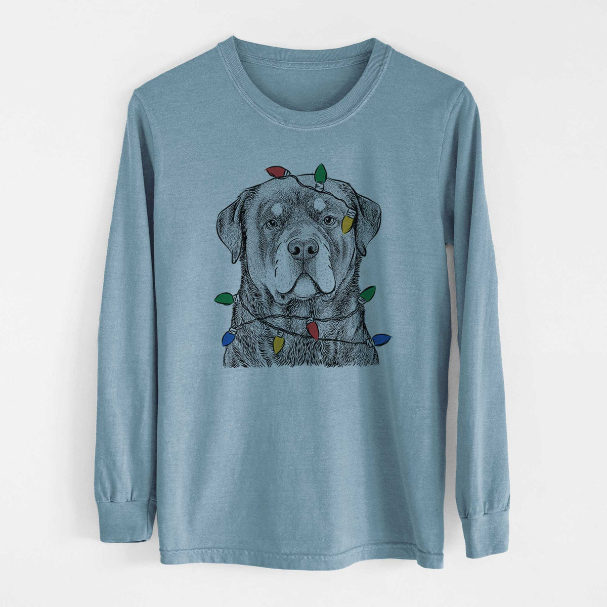 Christmas Lights Sarge the Rottweiler - Heavyweight 100% Cotton Long Sleeve