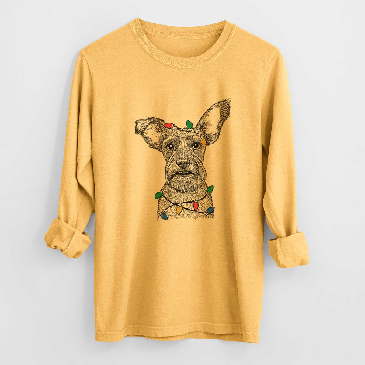 Christmas Lights Sawyer the Snorkie - Heavyweight 100% Cotton Long Sleeve