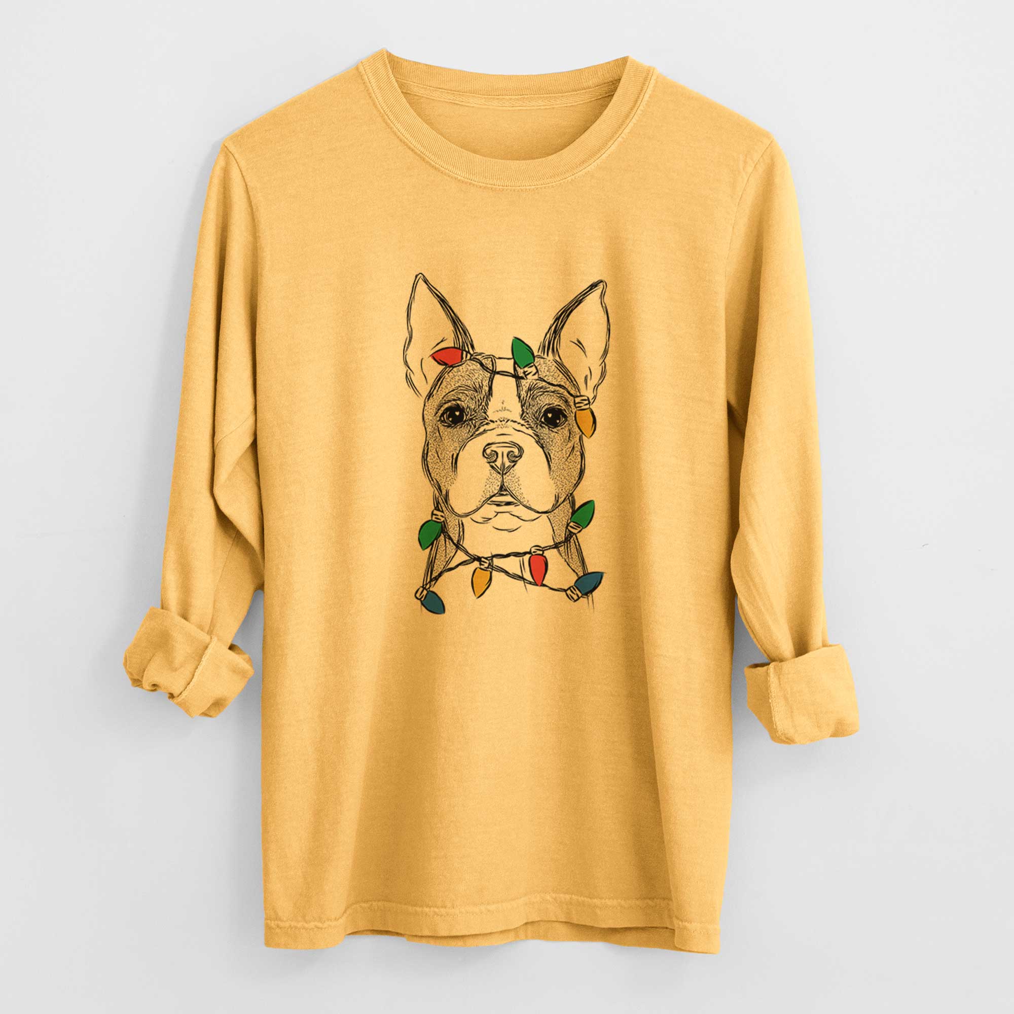 Christmas Lights Scout the Boston Terrier - Heavyweight 100% Cotton Long Sleeve